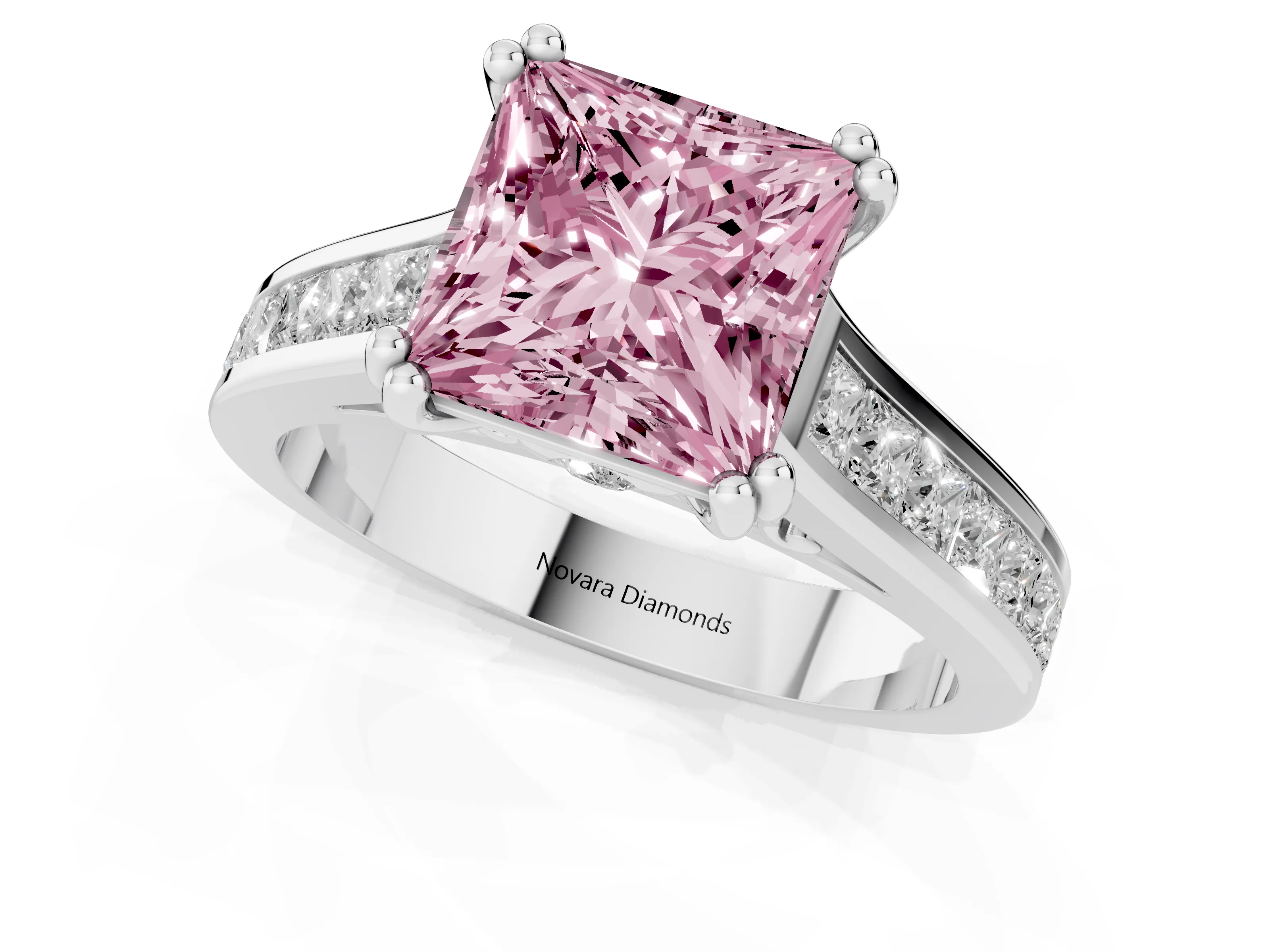 Fancy Pink Princess Cut Diamond Channel Set Solitaire Engagement Ring Set in Silver with Prong Setting
