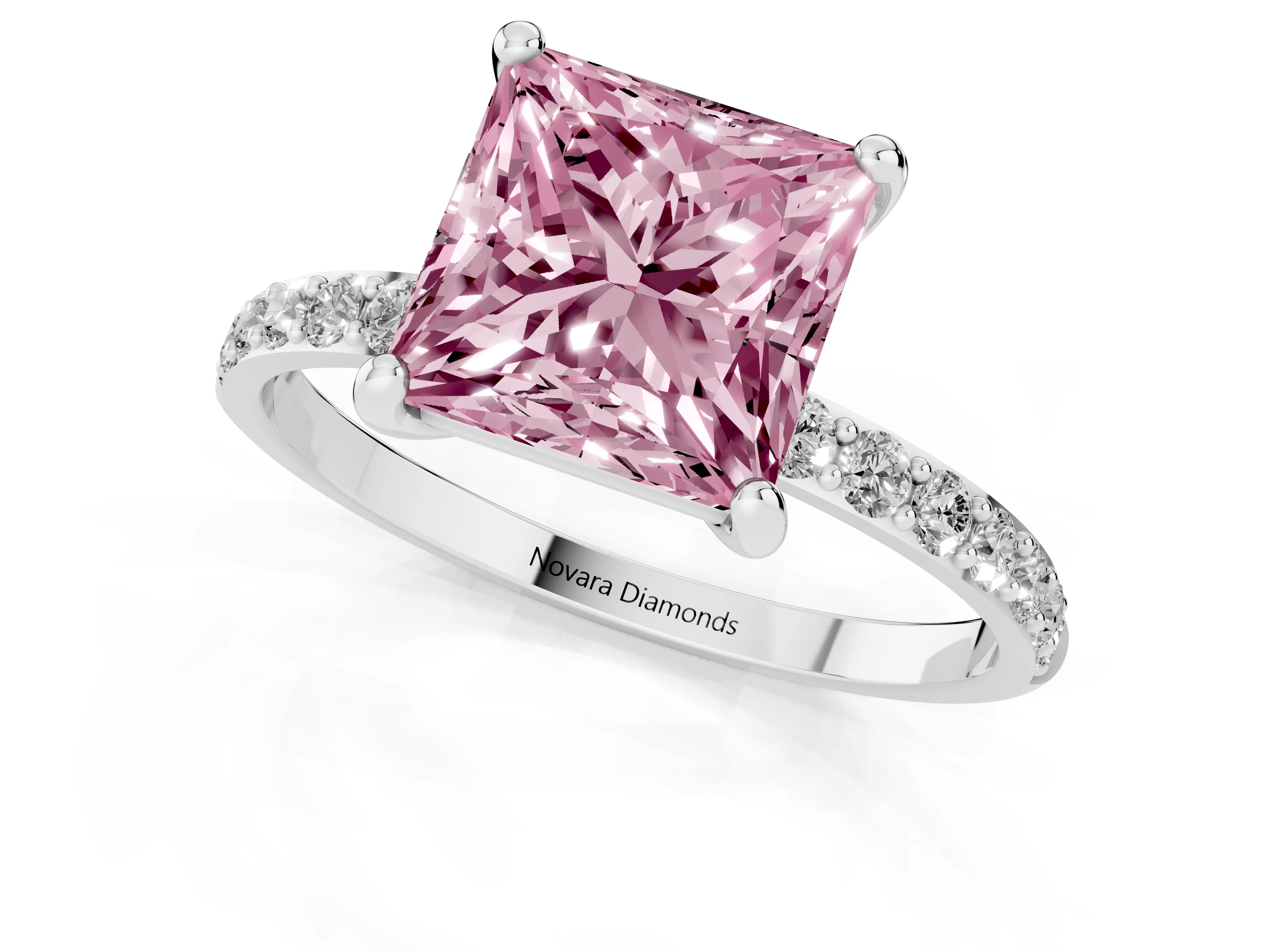 Fancy Pink Princess Cut Diamond Solitaire Ring Set in White gold with Round Pavé Band and Prong Setting