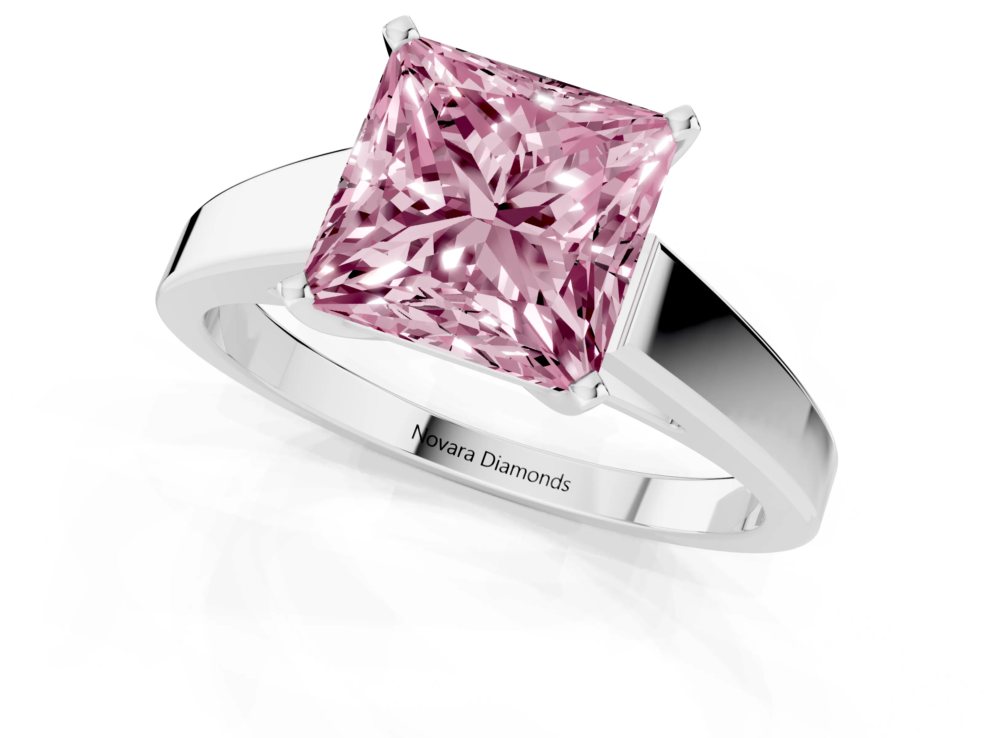 Fancy Pink Princess Cut Diamond Solitaire Engagement Ring Set in White gold with Prong Setting and Tapered Band