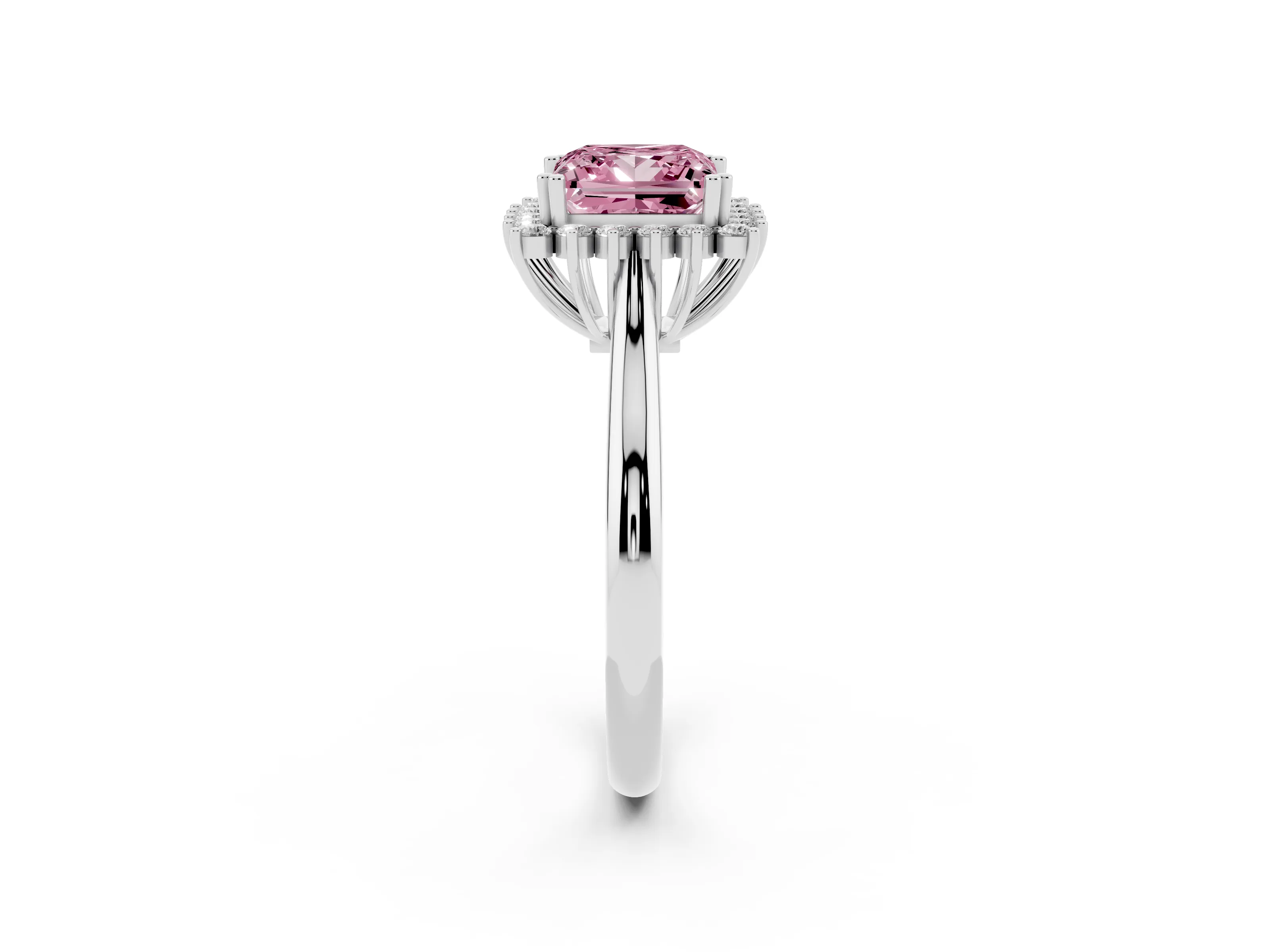 Fancy Pink Princess Cut Diamond Halo Ring Set in Platinum with Plain Solitaire Band and Prong Setting