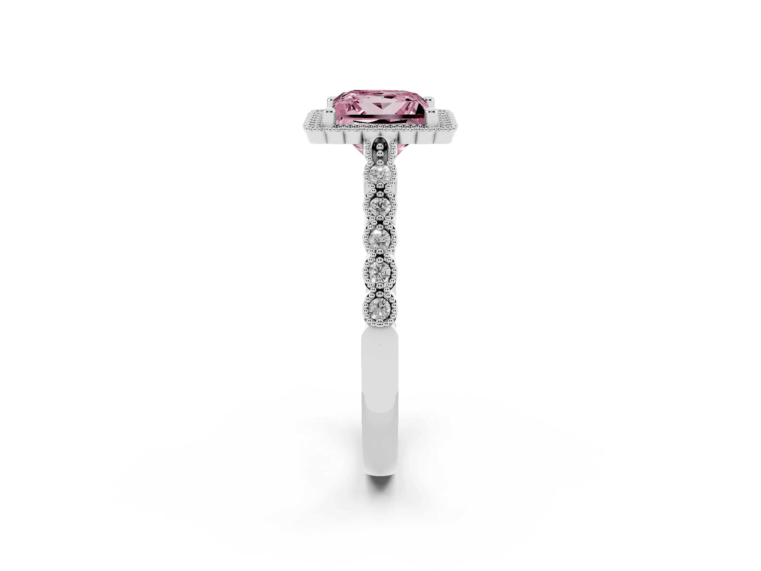 Fancy Pink Princess Cut Diamond Halo Ring Set in White gold with Pavé Milgrain Band