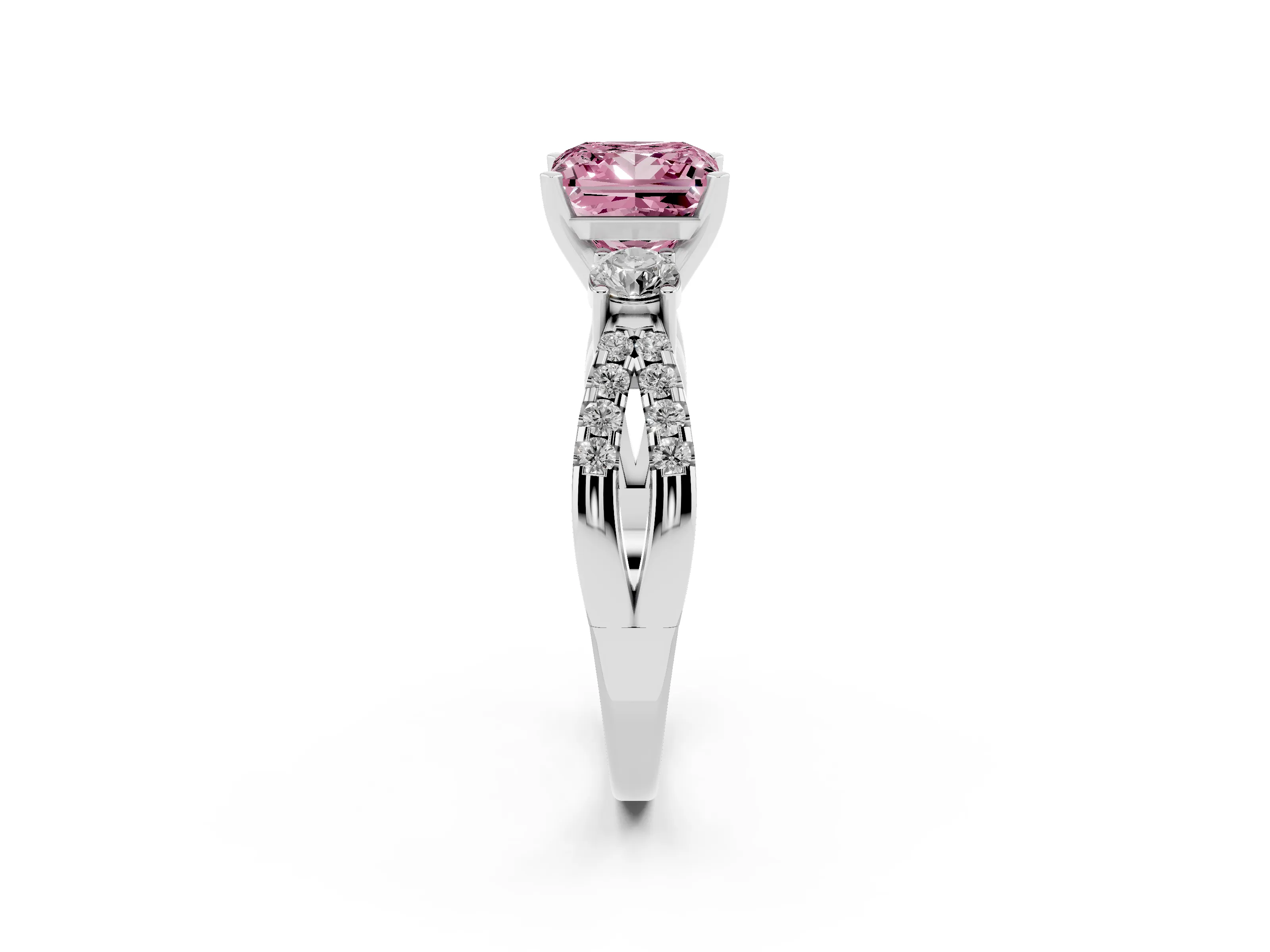 Fancy Pink Princess Cut Diamond Three-Stone Ring Set in White gold with Pavé Split Shank and Prong Setting