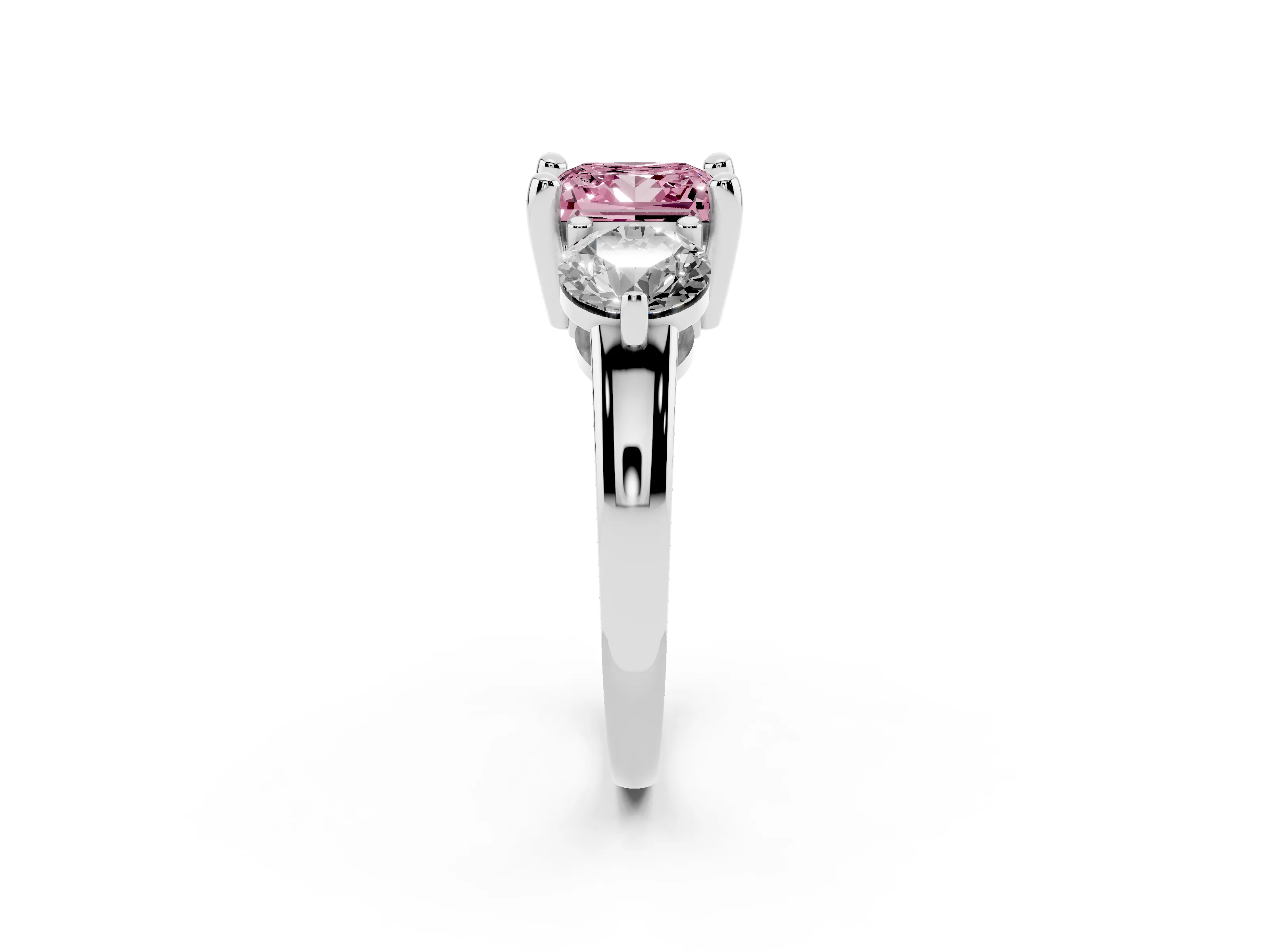 Fancy Pink Princess Cut Diamond Three-Stone Ring Set in White gold with Prong Setting and Classic Band