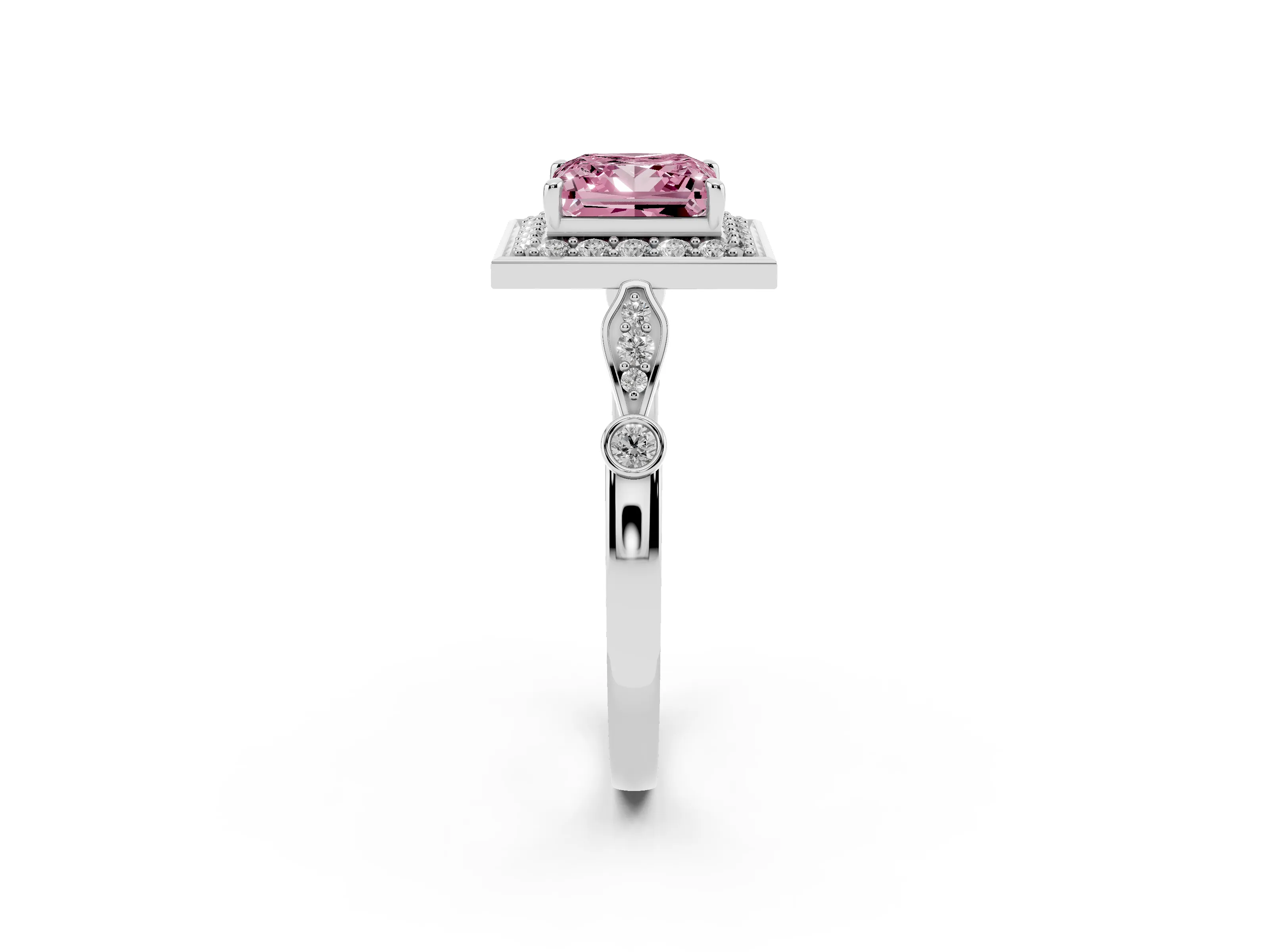 Fancy Pink Princess Cut Diamond Halo Engagement Ring Set in Platinum with Twisted Band and Prong Setting