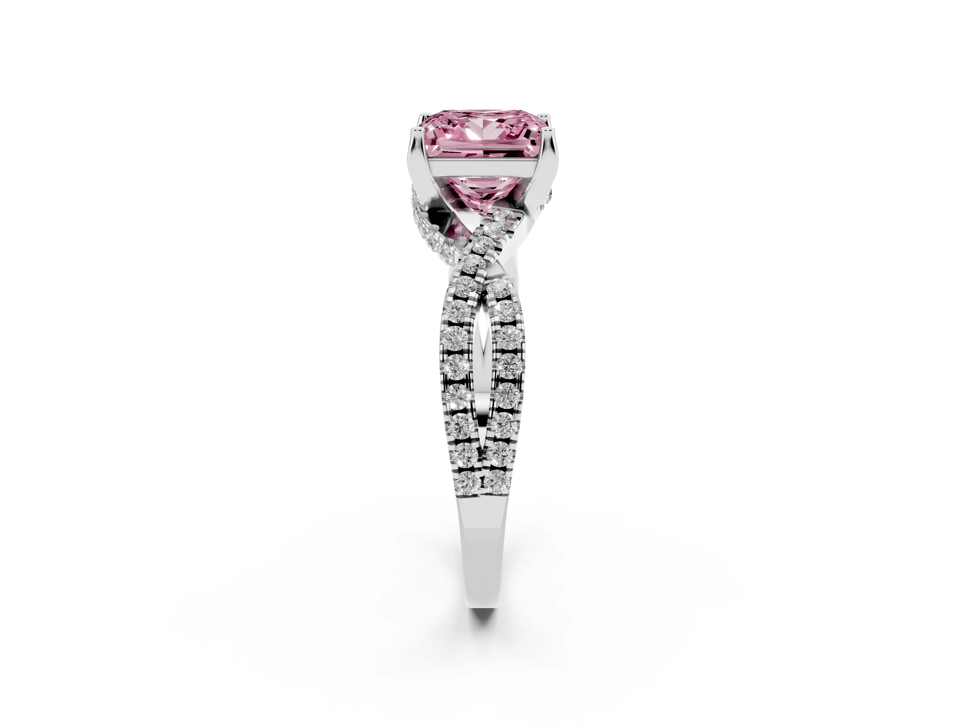 Fancy Pink Princess Cut Diamond Twist Pavé Solitaire Engagement Ring Set in Silver with Prong Setting