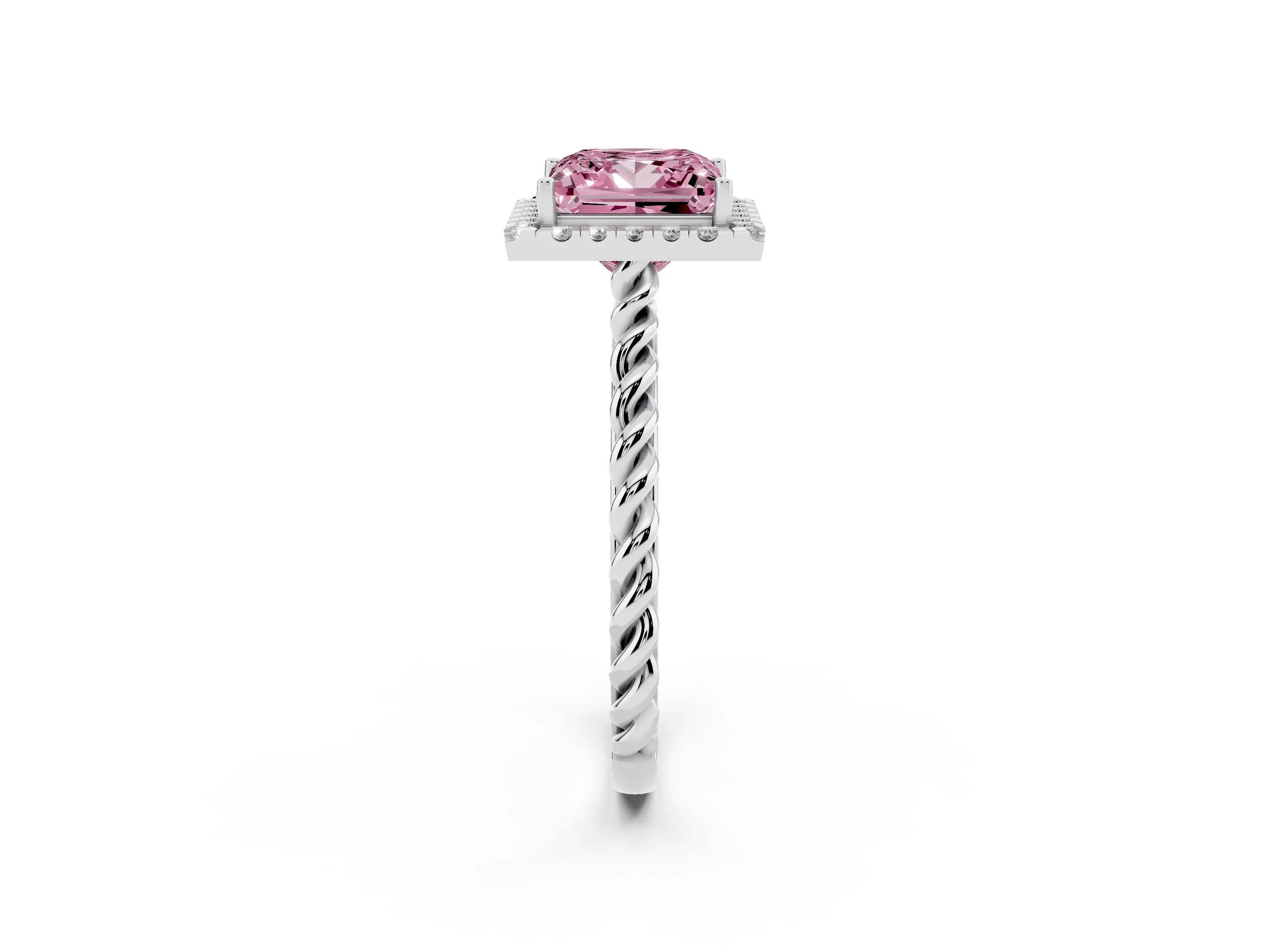 Fancy Pink Princess Cut Diamond Halo Ring Set in Platinum with Plain Twisted Band