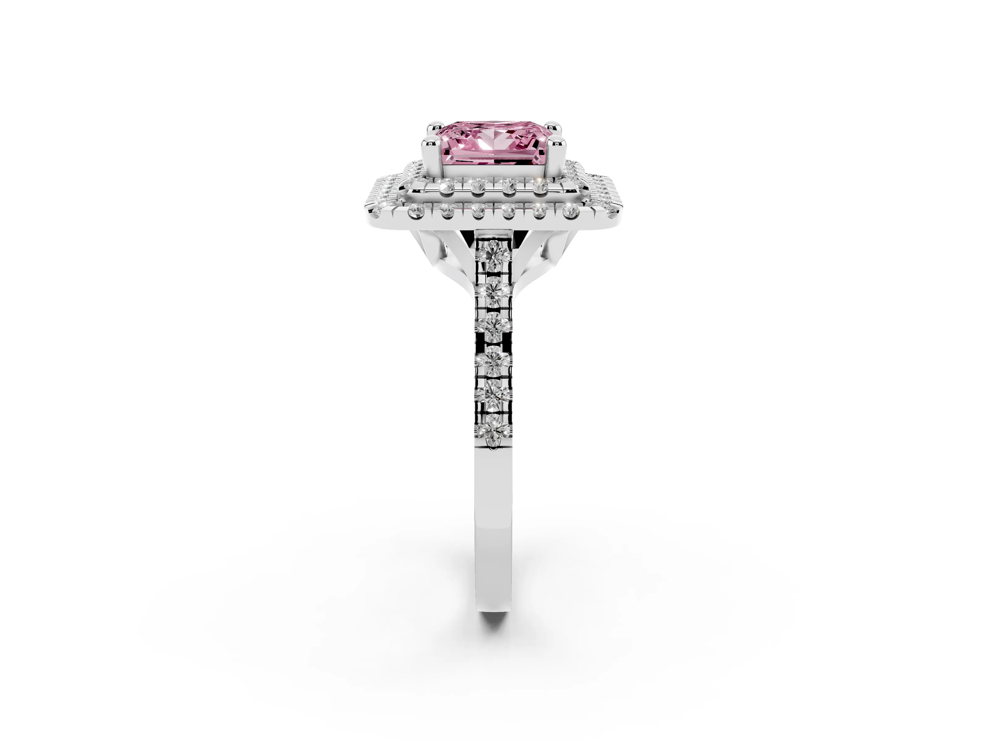 Fancy Pink Princess Cut Diamond Double Halo Statement Ring Set in White gold with Pavé Band