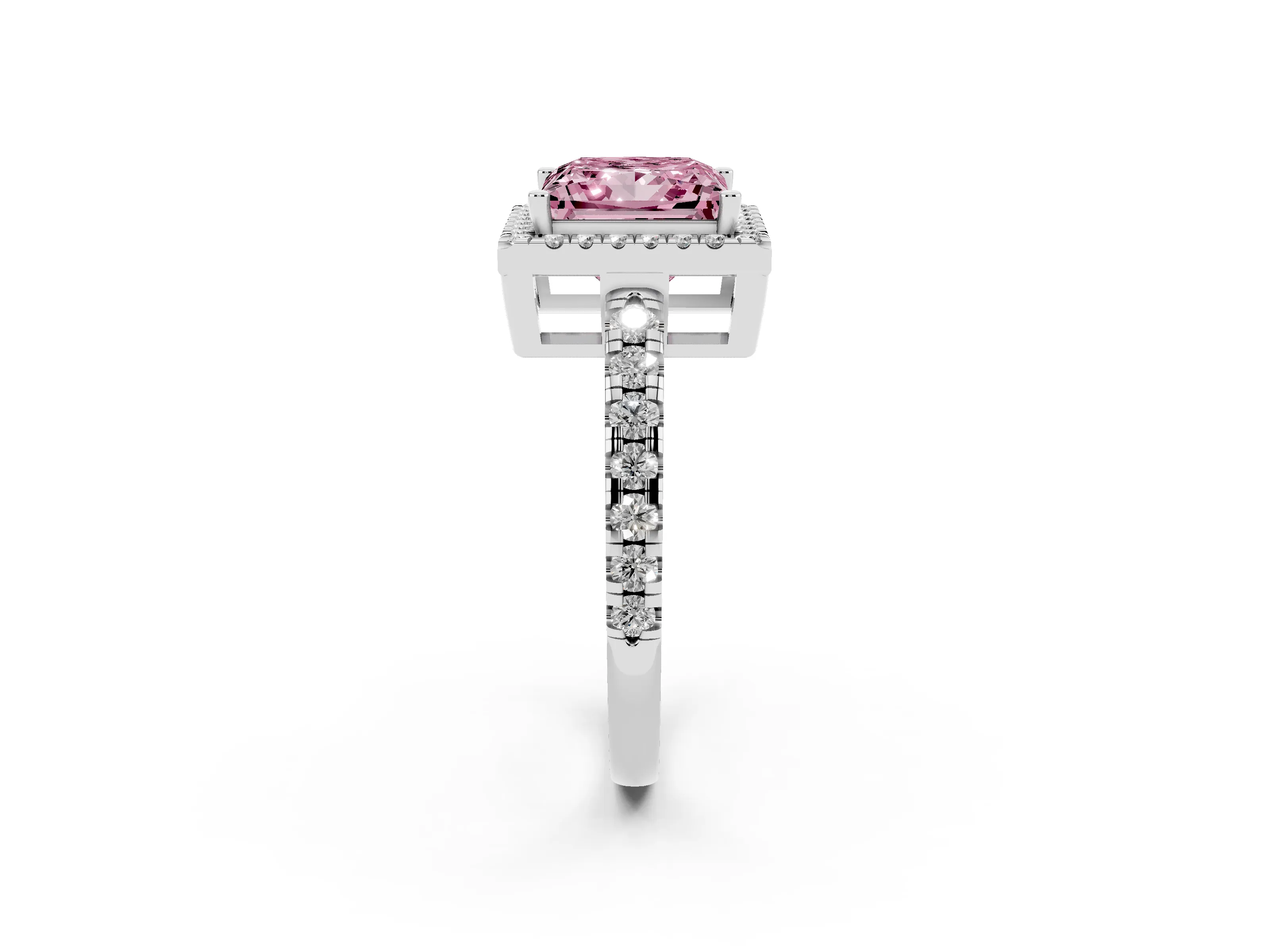 Fancy Pink Princess Cut Diamond Halo Ring Set in White gold with Delicate Pavé Band and Prong Setting