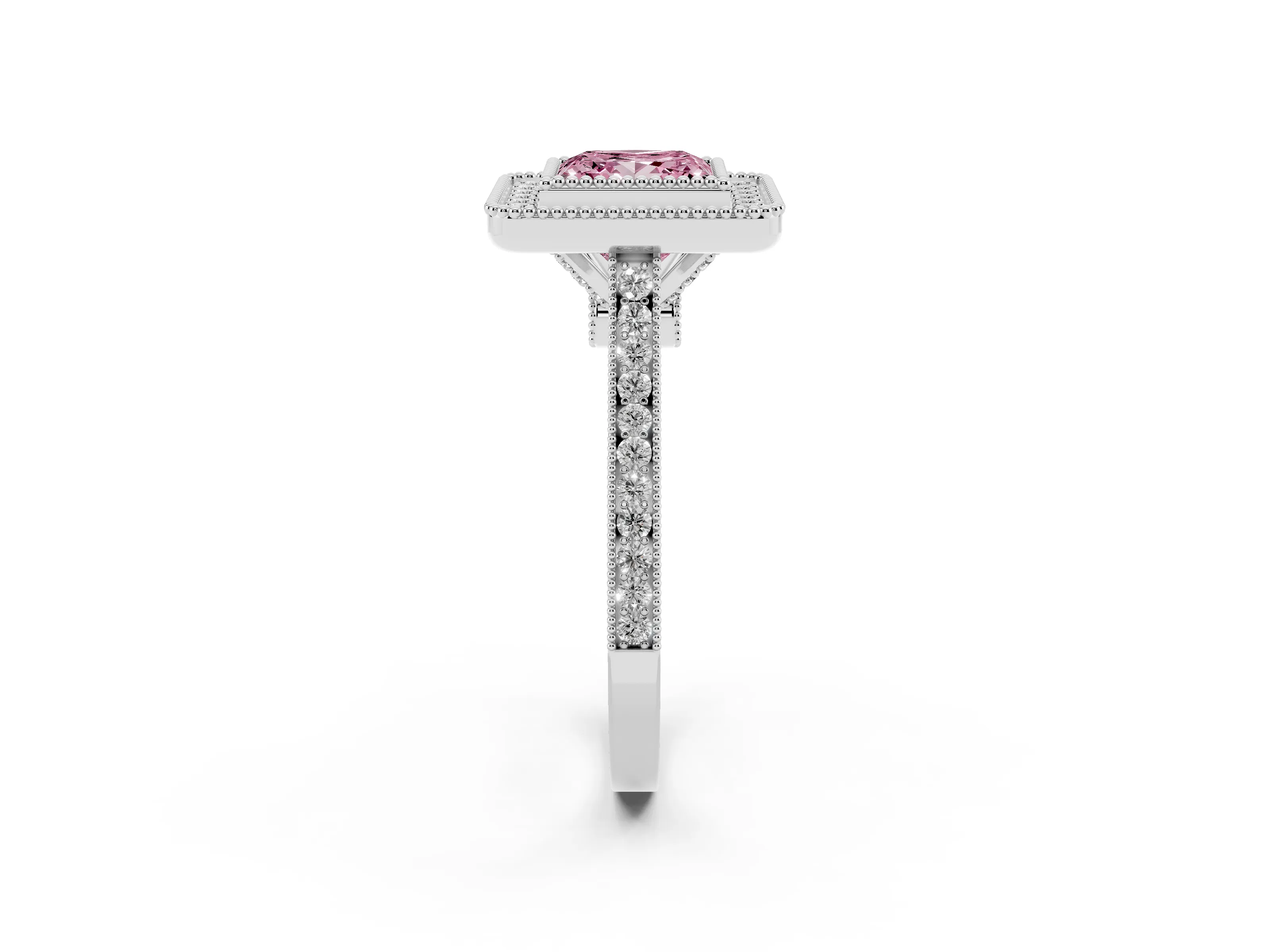 Fancy Pink Princess Cut Diamond Halo Ring Set in White gold with Milgrain Frame and Pavé Band
