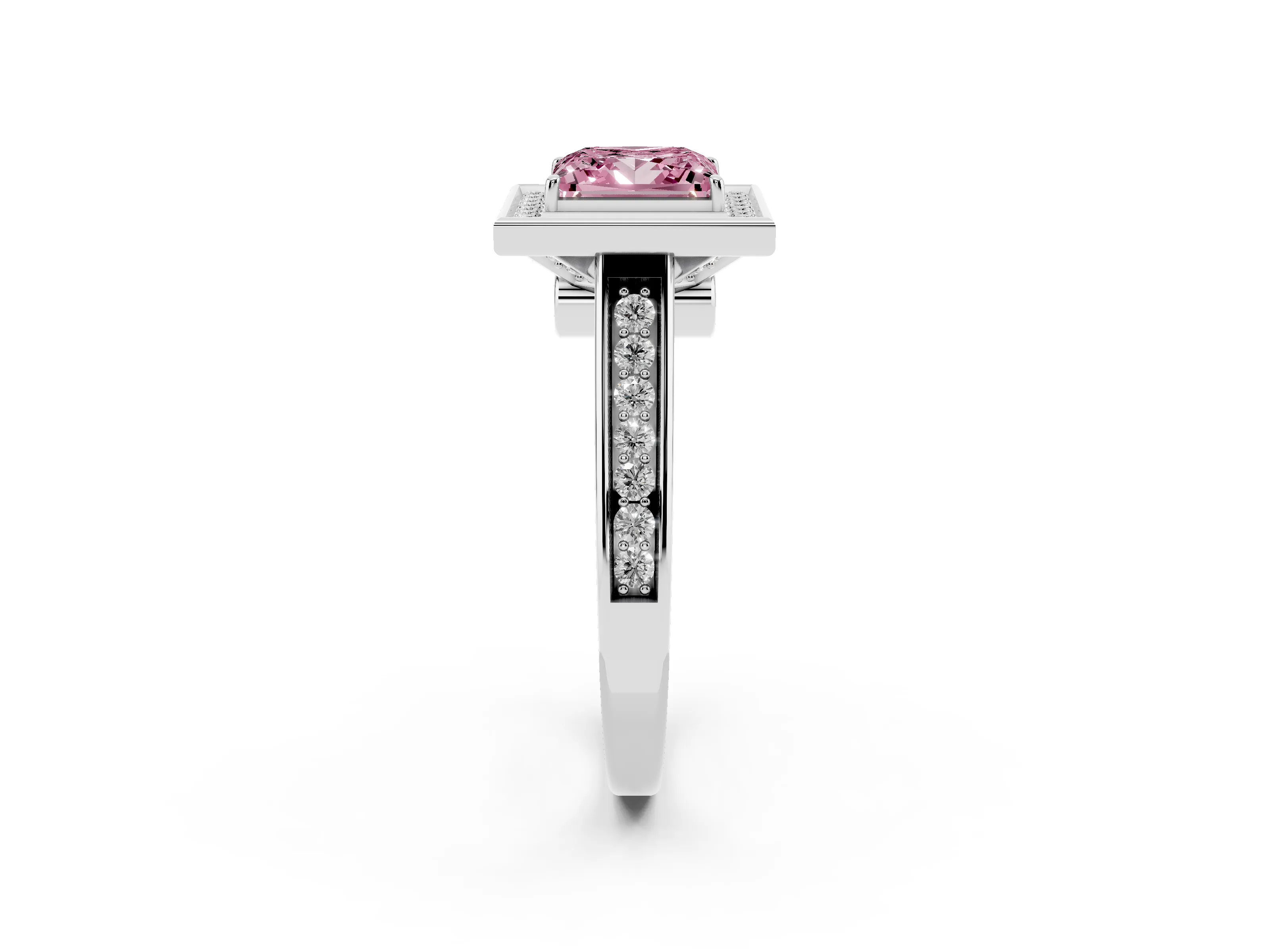 Fancy Pink Princess Cut Diamond Halo Solitaire Ring Set in Platinum with Pavé Band and Bezel Setting