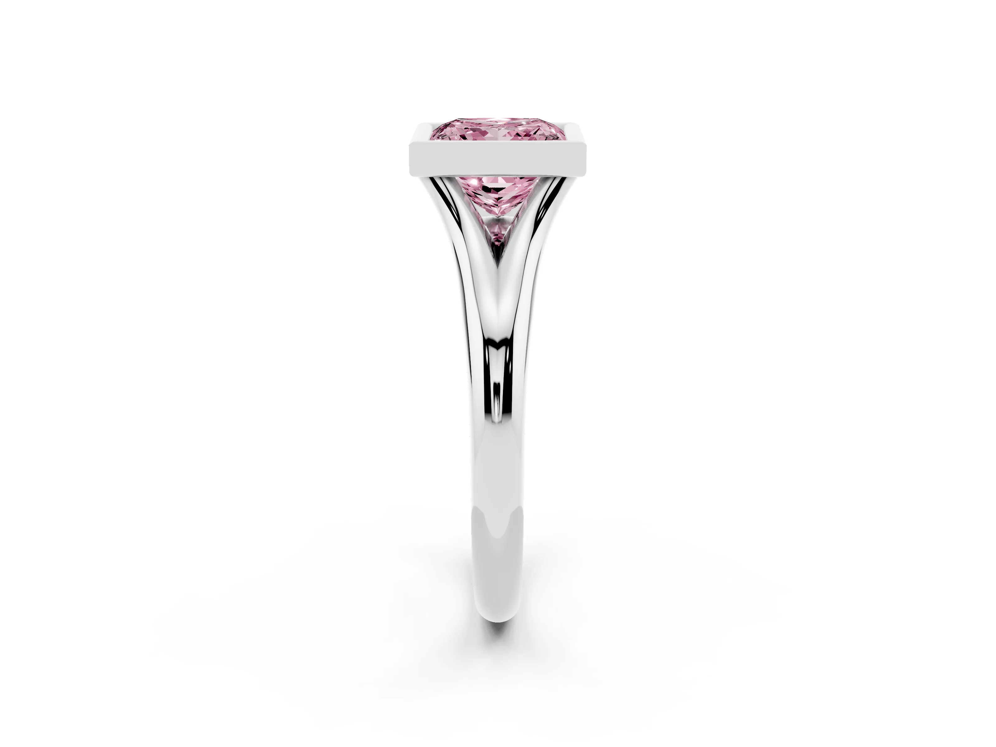Fancy Pink Bezel Set Princess Cut Diamond Solitaire Ring Set in White gold with Smooth Band