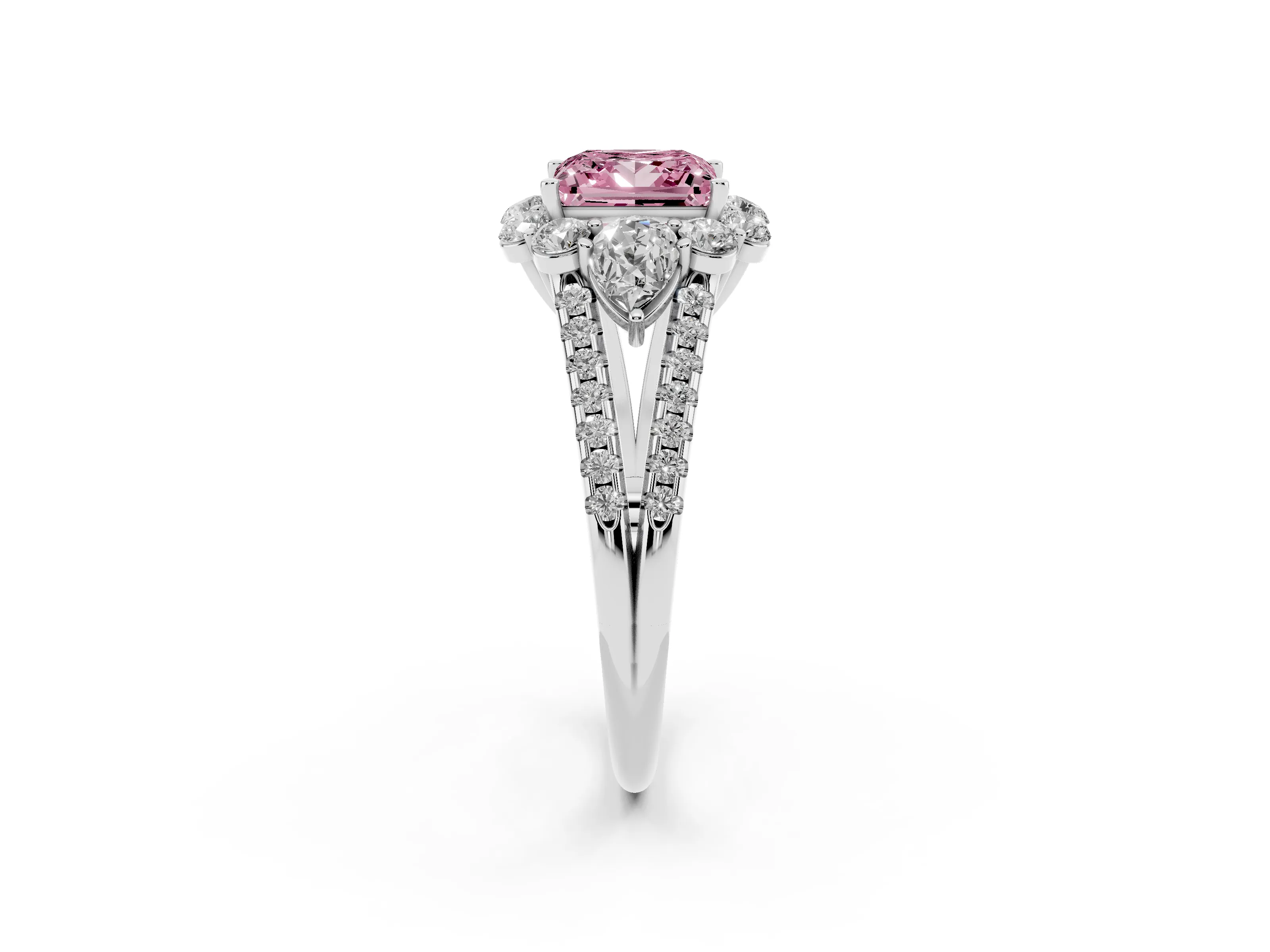 Fancy Pink Princess Cut Diamond Halo Split Shank Engagement Ring Set in Platinum with Prong-Held Center Stone