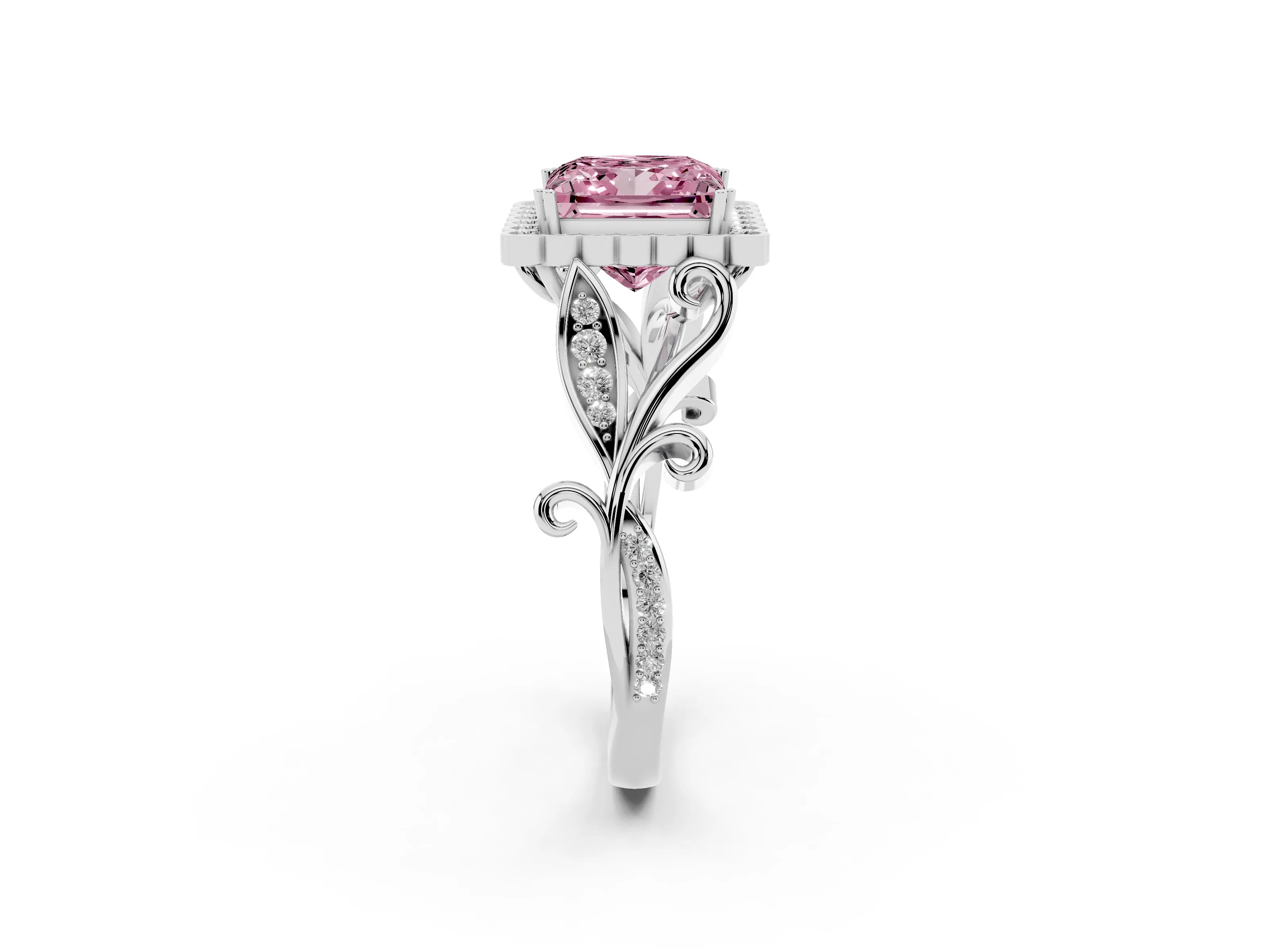 Fancy Pink Princess Cut Diamond Halo Ring Set in White gold with Leaf Motif Split Shank and Prong Setting