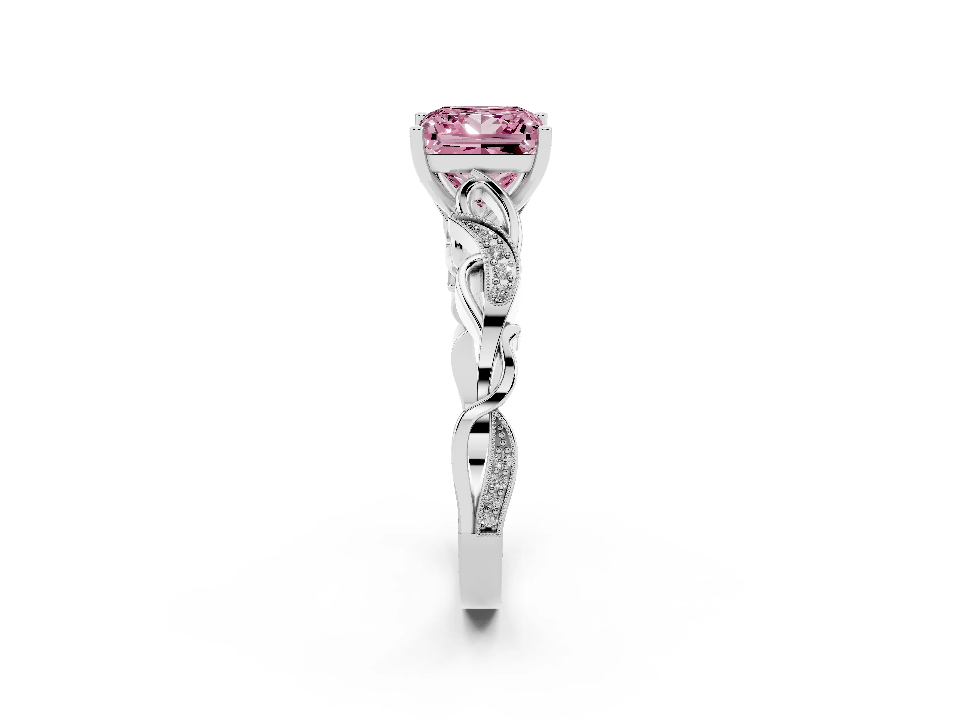 Fancy Pink Princess Cut Diamond Vine Band Solitaire Ring Set in White gold with Milgrain Prong Setting