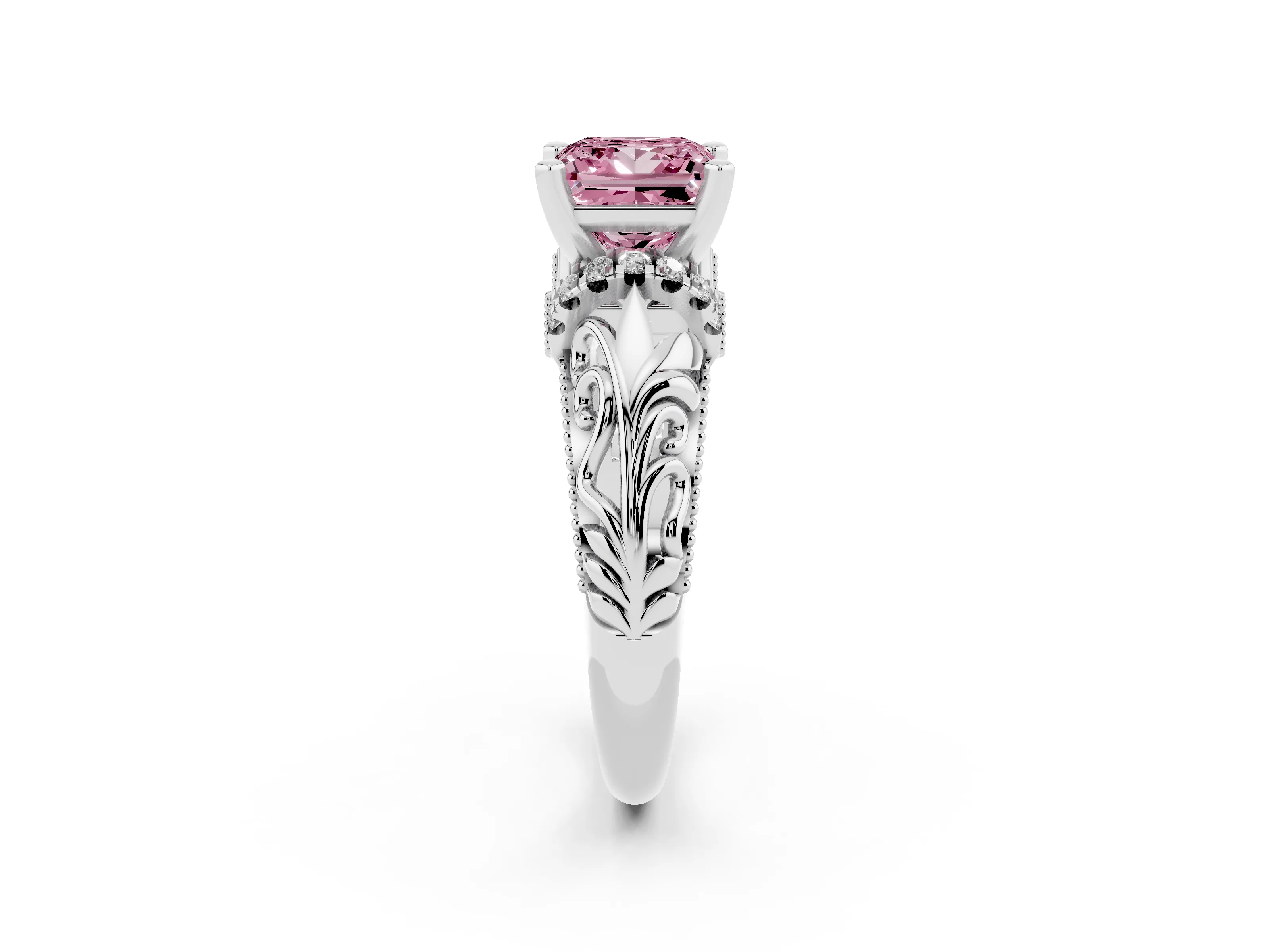 Fancy Pink Princess Cut Diamond Filigree Halo Engagement Ring Set in White gold with Prong Setting