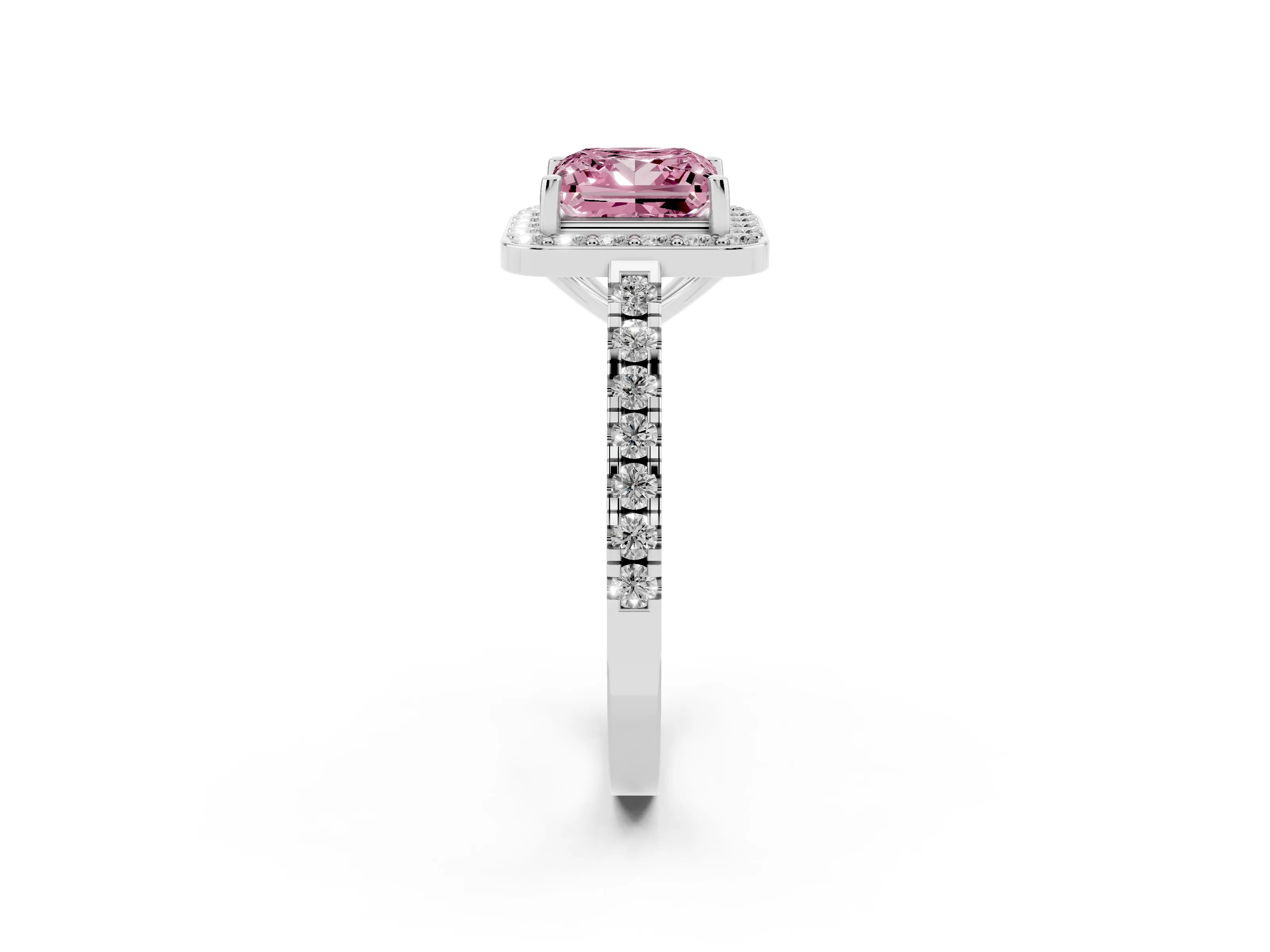 Fancy Pink Princess Cut Diamond Halo Ring Set in White gold with Round Pavé Split Shank and Prong Setting