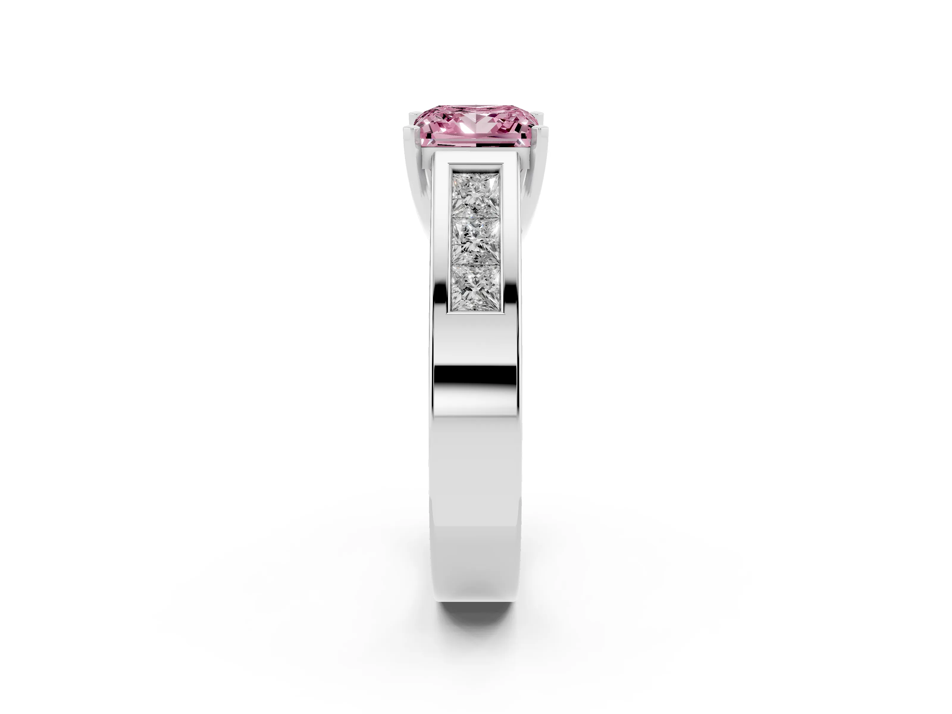 Fancy Pink Princess Cut Diamond Solitaire Ring Set in Silver with Channel-Set Accent Stones and Prong Setting