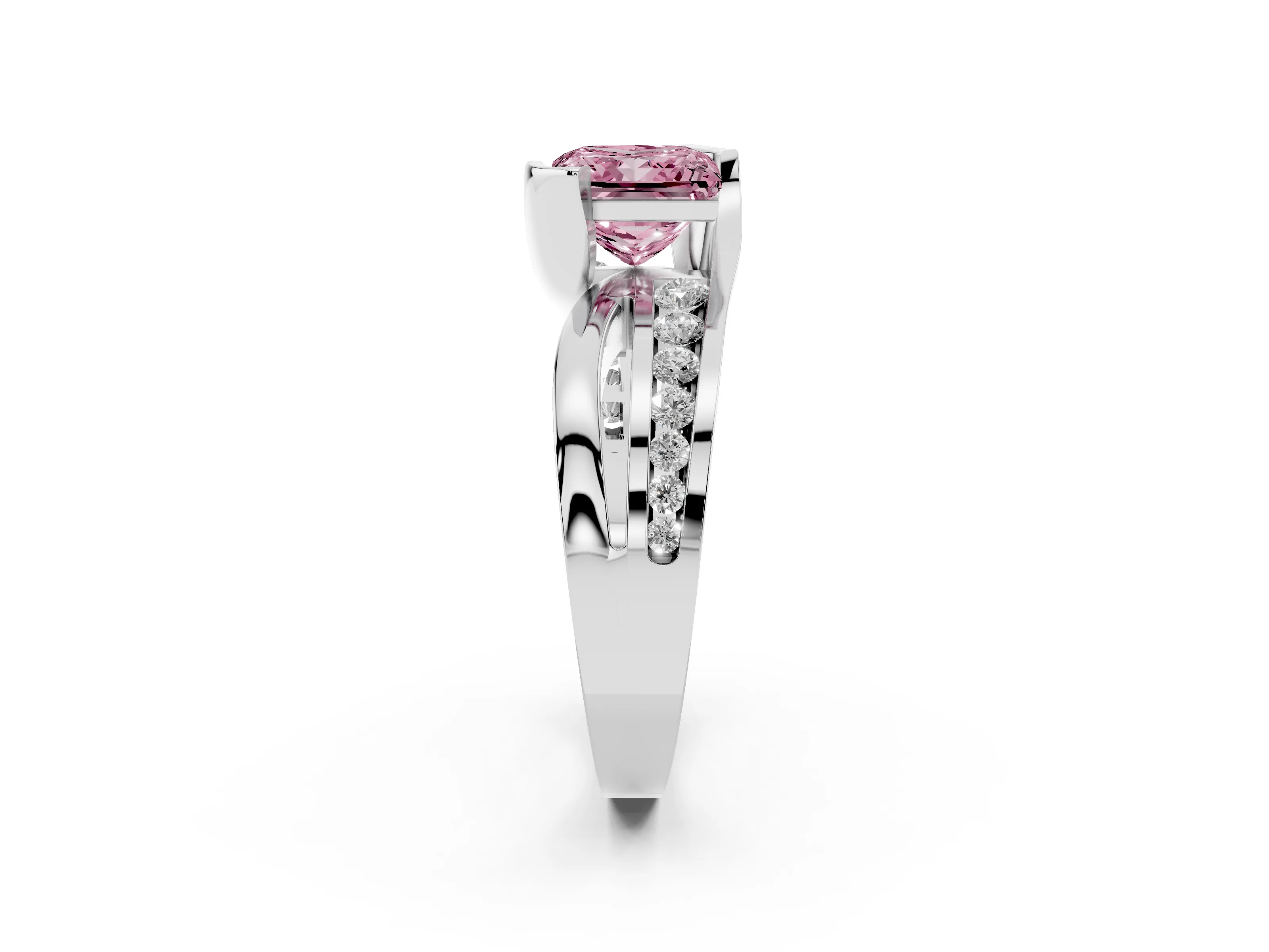 Fancy Pink Princess Cut Diamond Solitaire Ring Set in Silver with Channel Set Split Shank and Tension Prongs