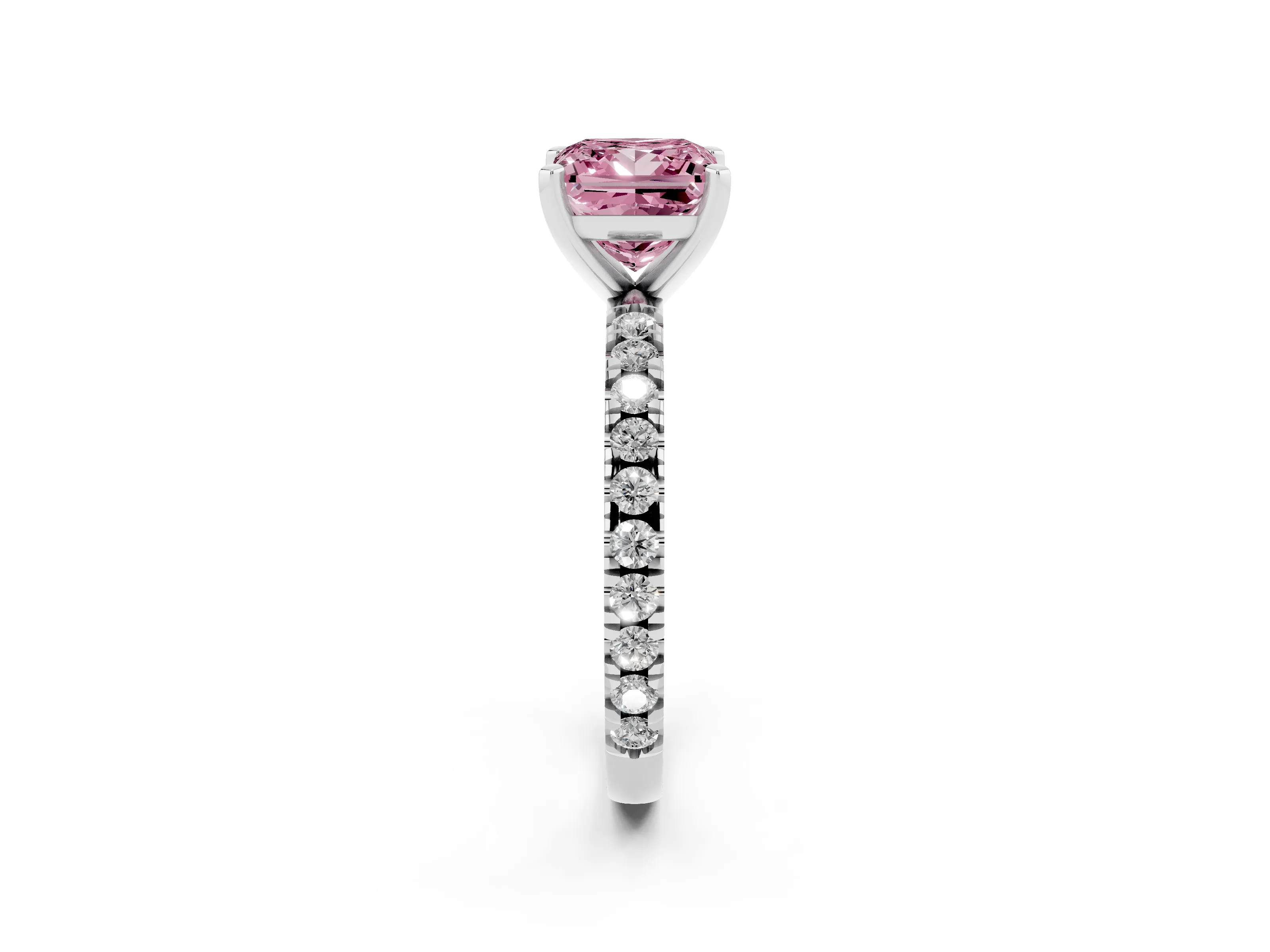 Fancy Pink Princess Cut Diamond Pavé Band Solitaire Set in Platinum with Prong Setting
