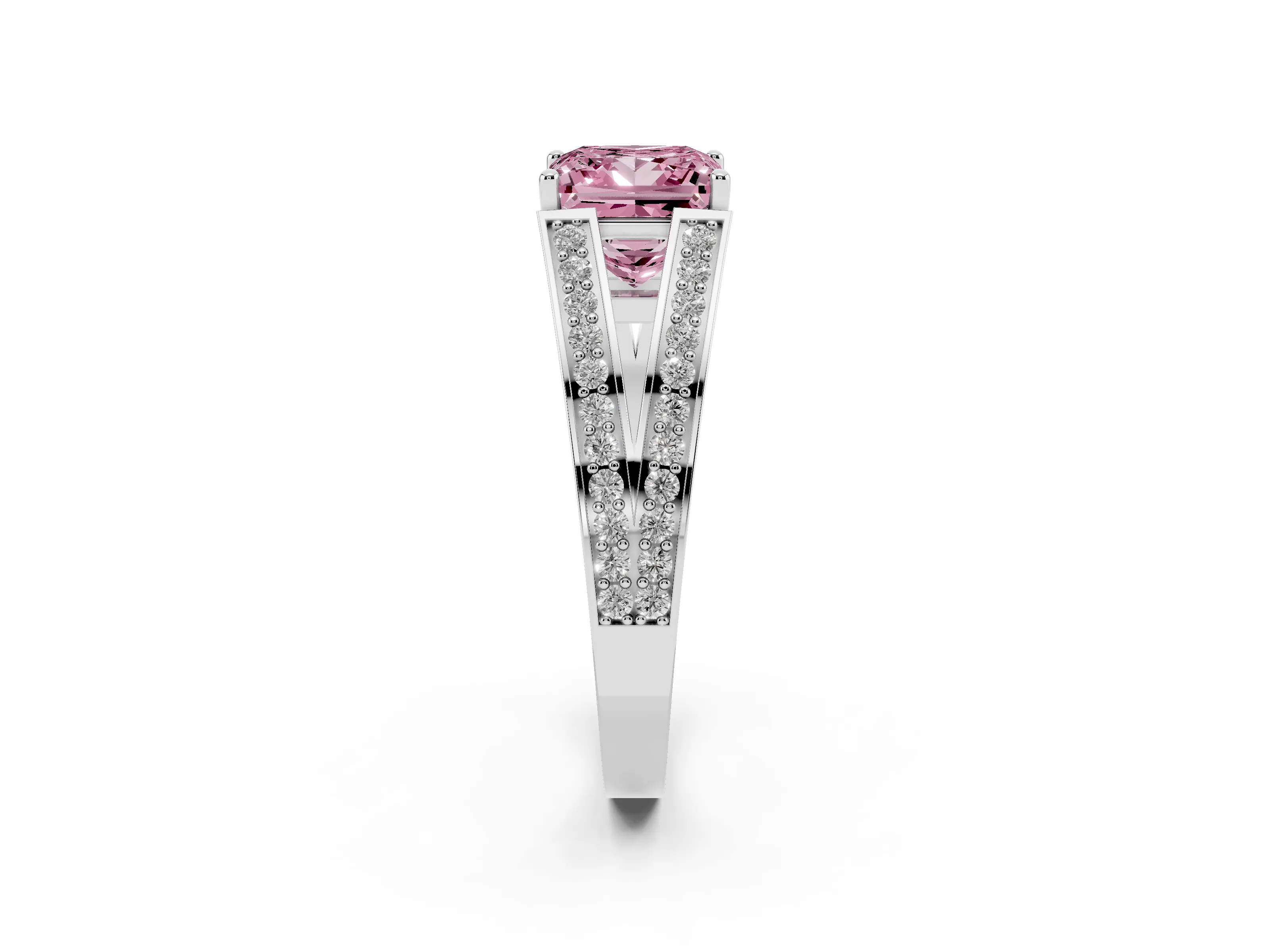 Fancy Pink Princess Cut Diamond Split Shank Ring Set in Silver with Pavé Band and Prong Setting