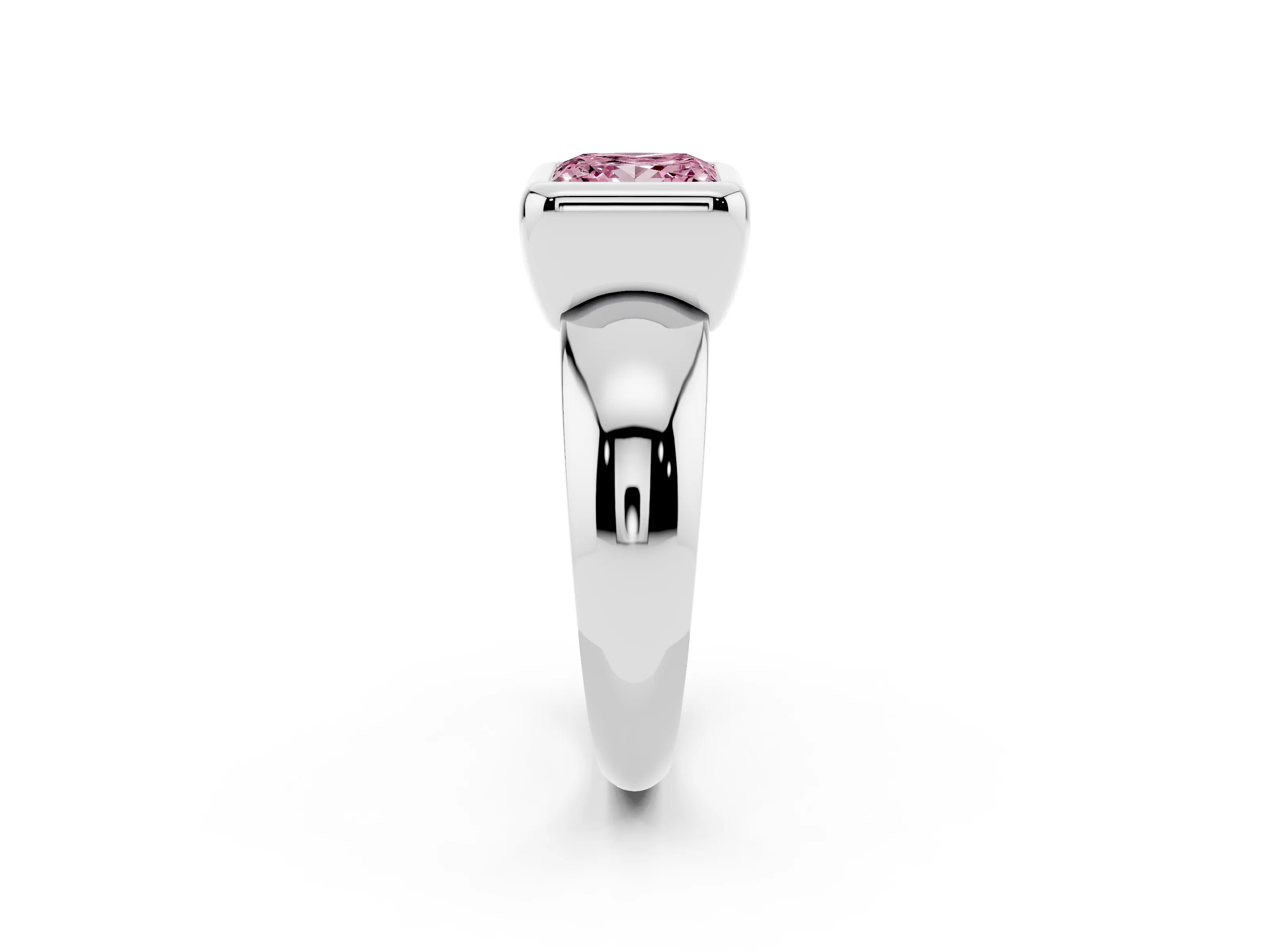 Fancy Pink Bezel Set Princess Cut Diamond Solitaire Ring Set in White gold with Wide Band