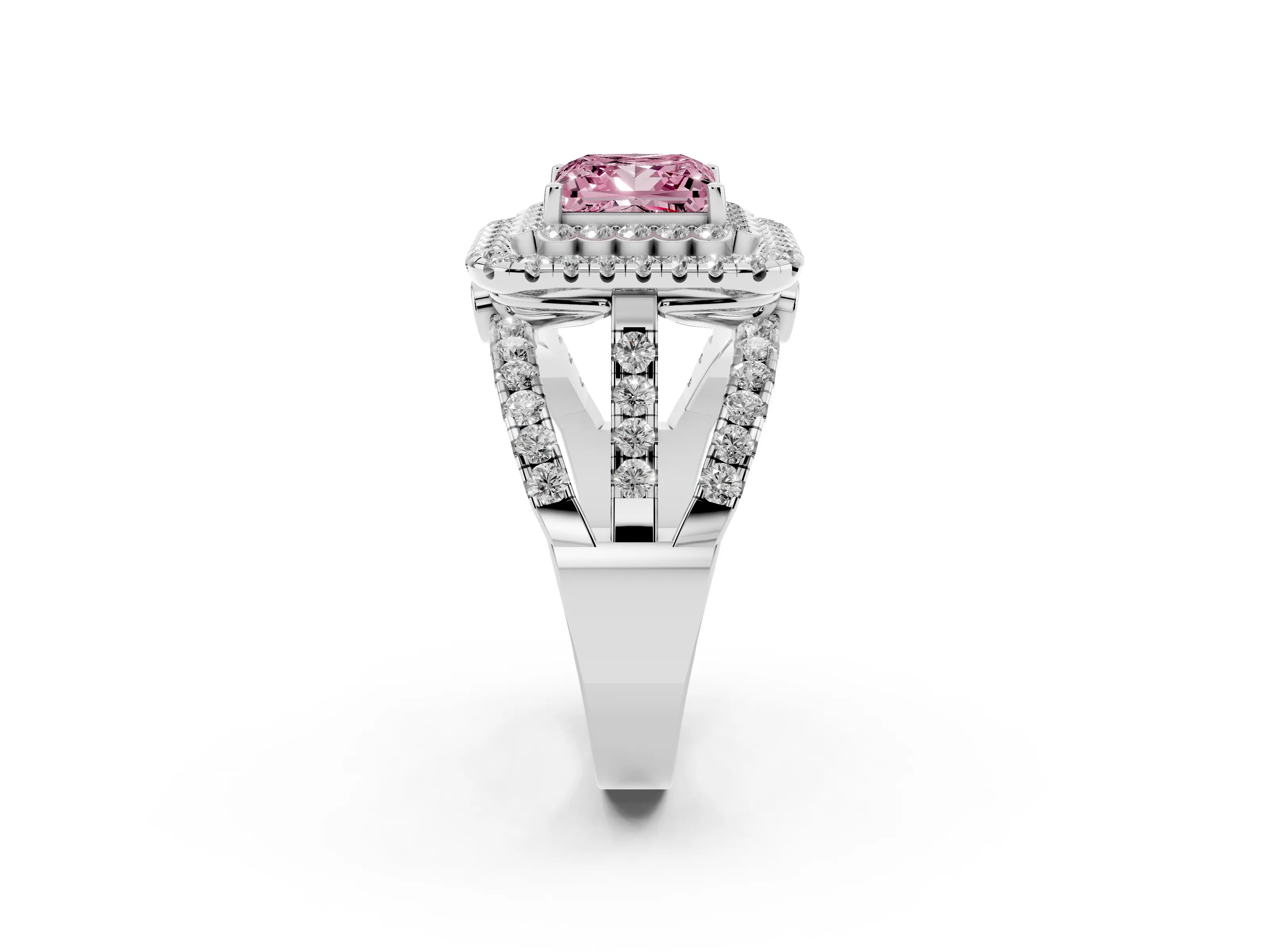 Fancy Pink Princess Cut Diamond Double Halo Ring Set in White gold with Round Pavé Split Shank