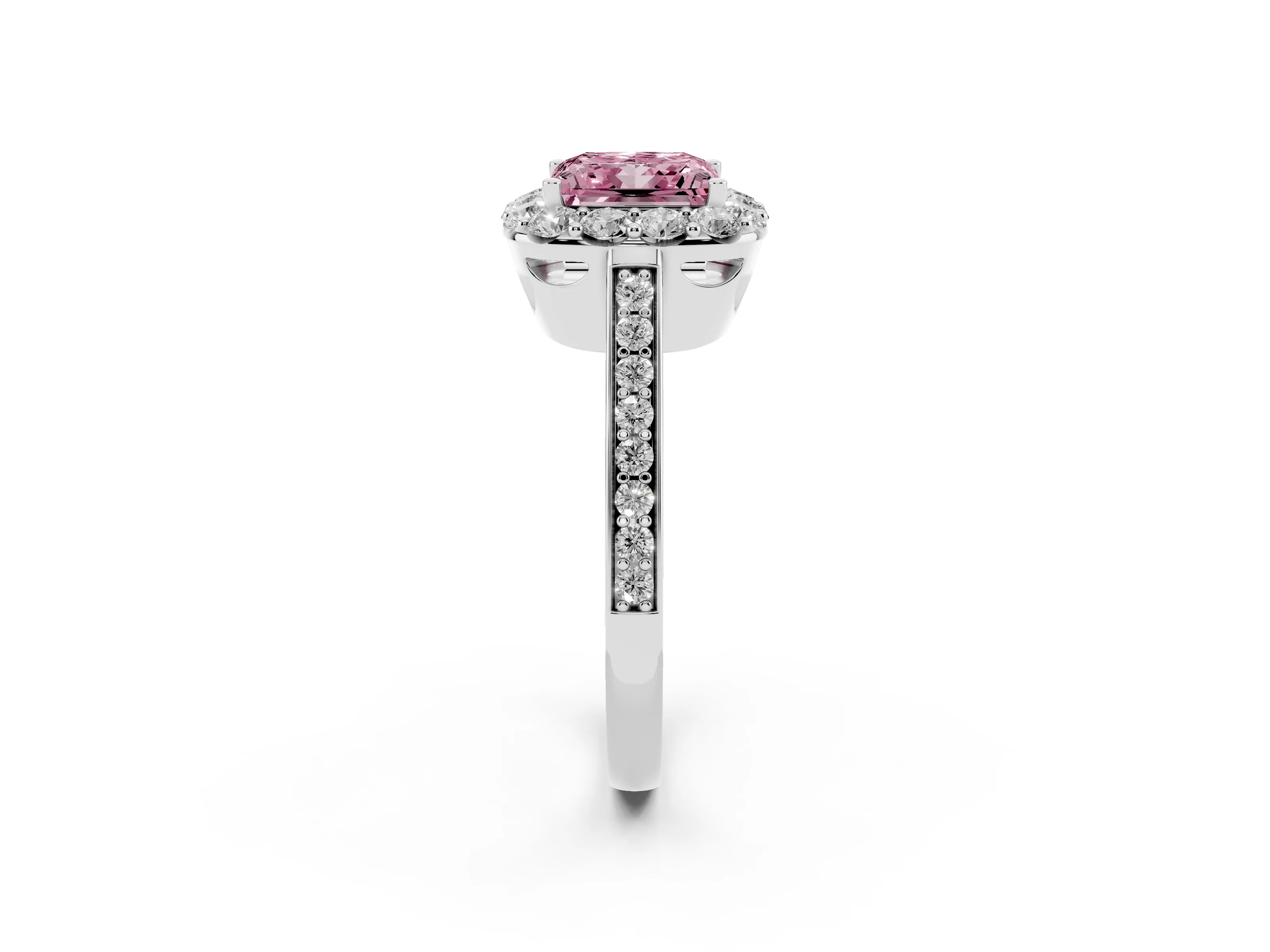 Fancy Pink Princess Cut Diamond Floral Halo Ring Set in White gold with Pavé Band and Prong Setting