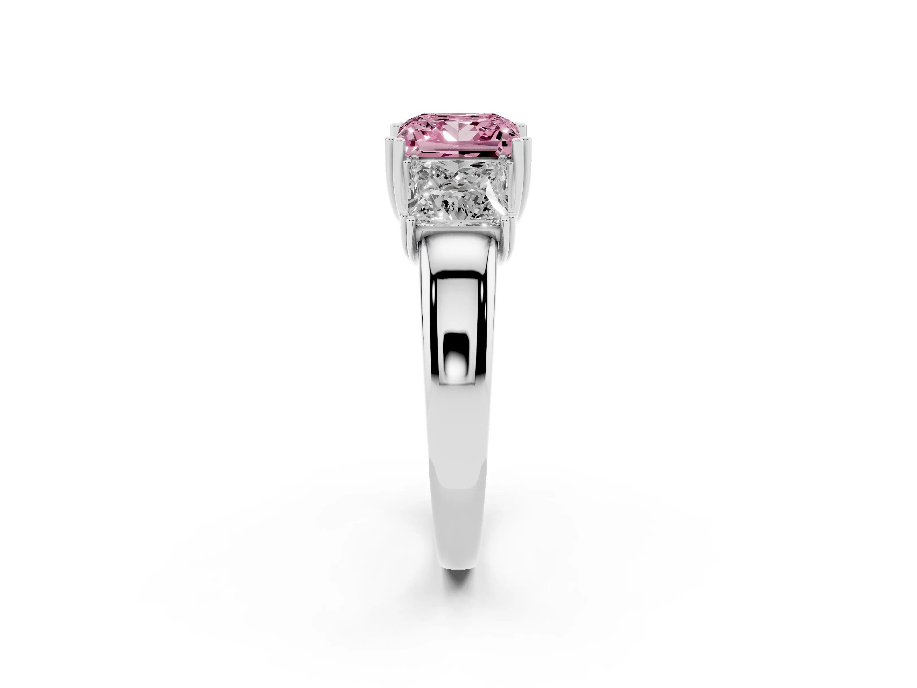 Fancy Pink Princess Cut Diamond Three-Stone Ring Set in Platinum with Polished Channel-Set Band