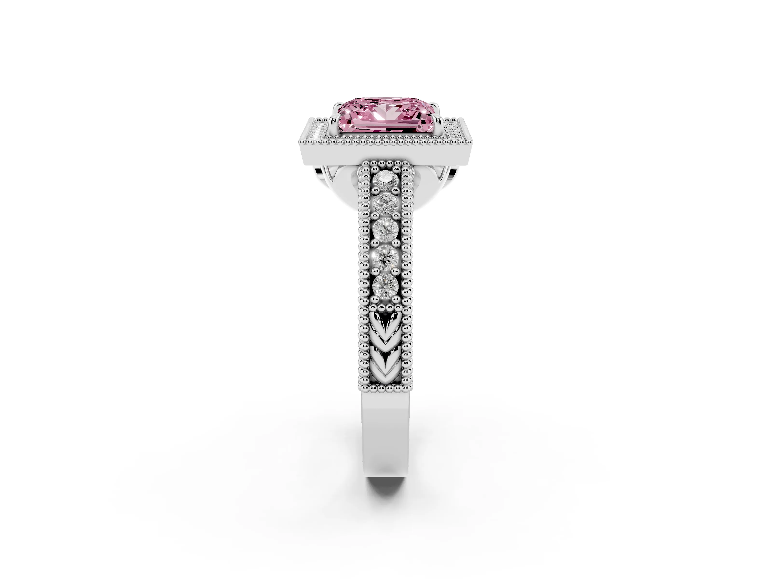 Fancy Pink Princess Cut Diamond Halo Ring Set in White gold with Round Accent Halo, Pavé Band and Prong Setting