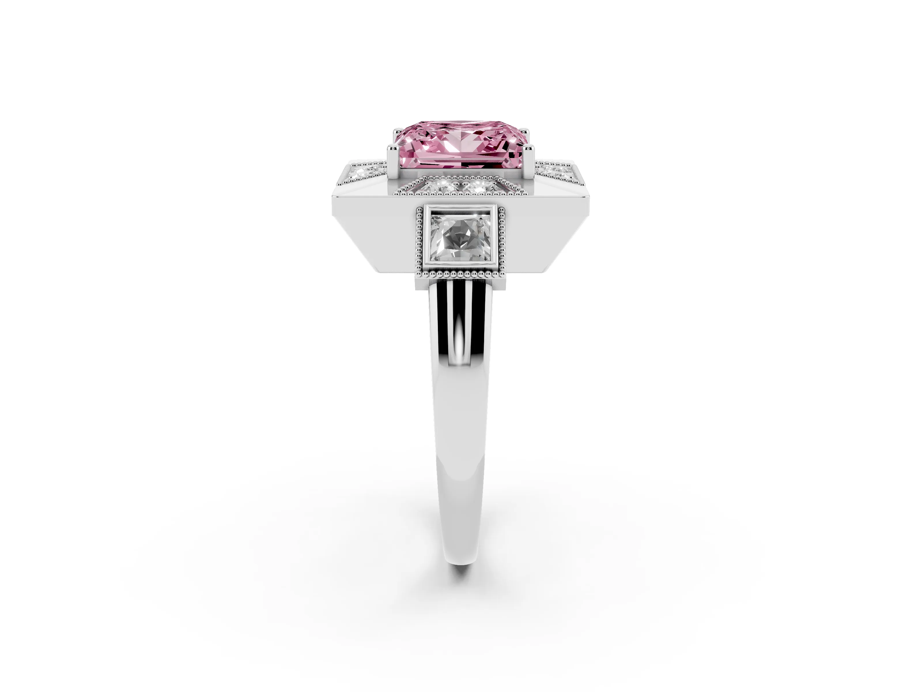 Fancy Pink Princess Cut Diamond Milgrain Halo Ring Set in Platinum with Split Shank