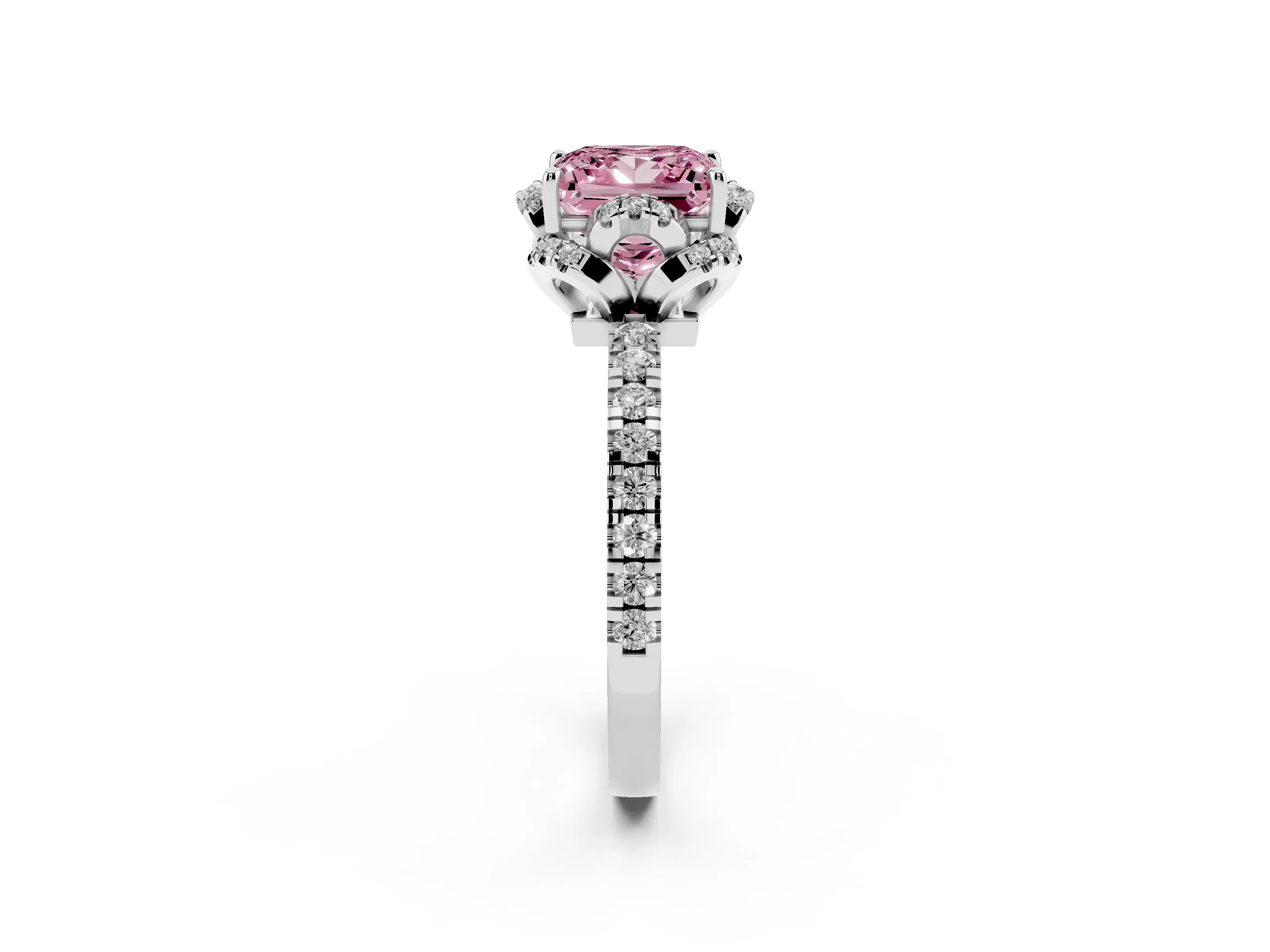 Fancy Pink Princess Cut Diamond Halo Pavé Band Ring Set in Silver with Prong-Held Center