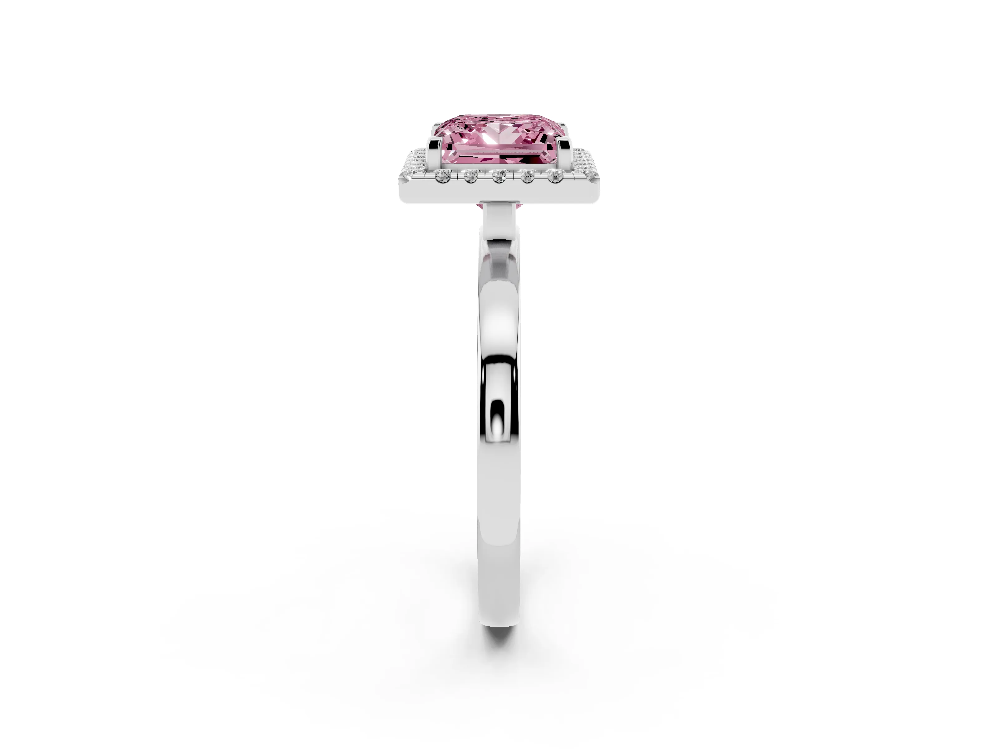 Fancy Pink Princess Cut Diamond Halo Solitaire Ring Set in Silver with Pavé Band and Prong Setting