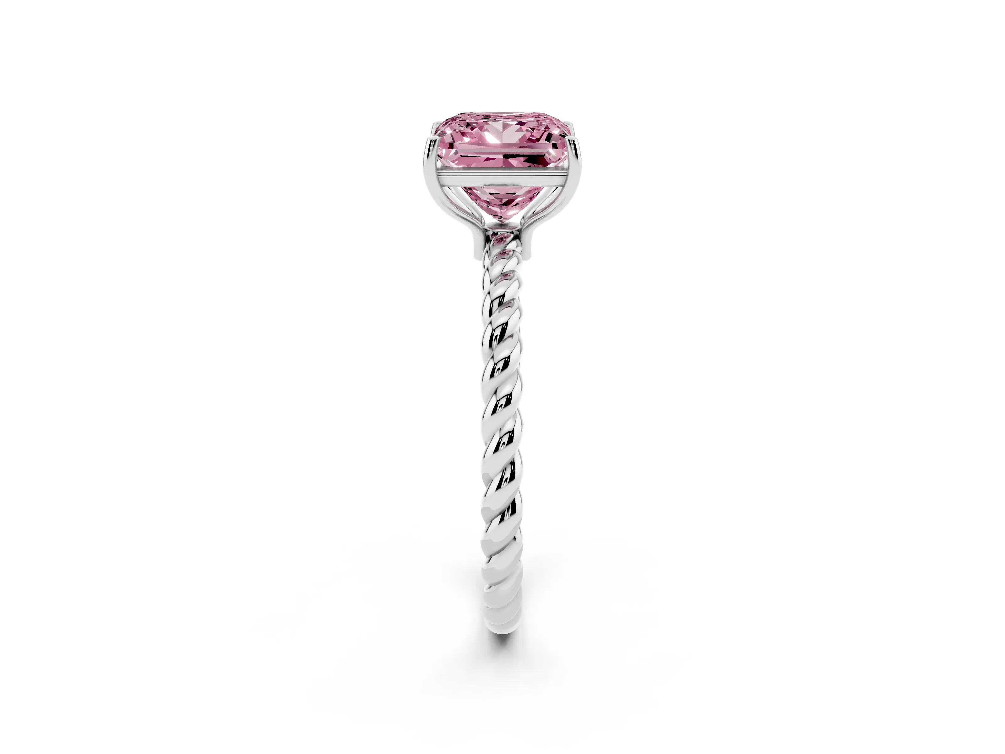 Fancy Pink Princess Cut Diamond Solitaire Ring Set in Platinum with Twist Band and Prong Setting