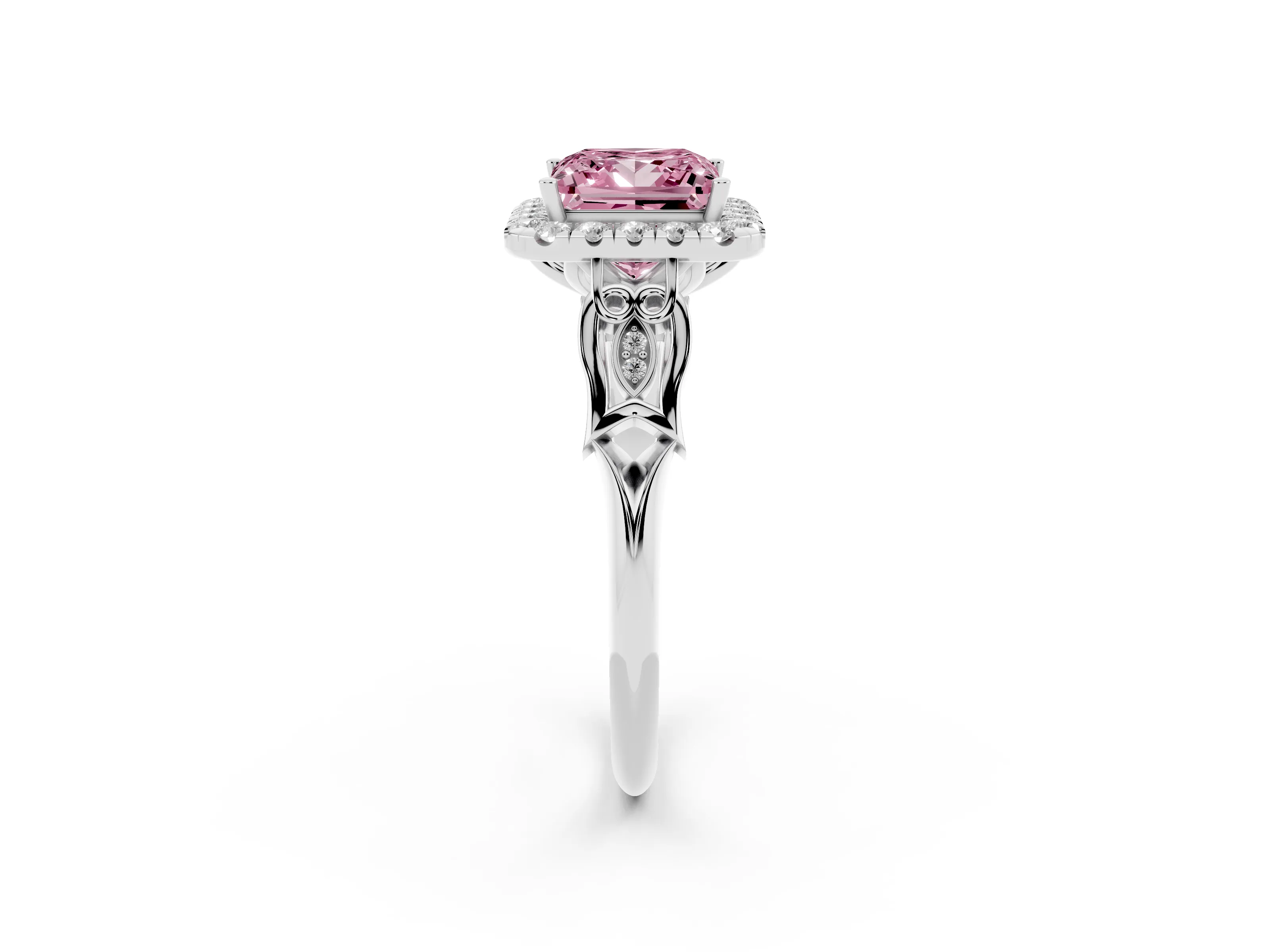 Fancy Pink Princess Cut Diamond Halo Engagement Ring Set in White gold with Filigree Band and Prong-Set Center