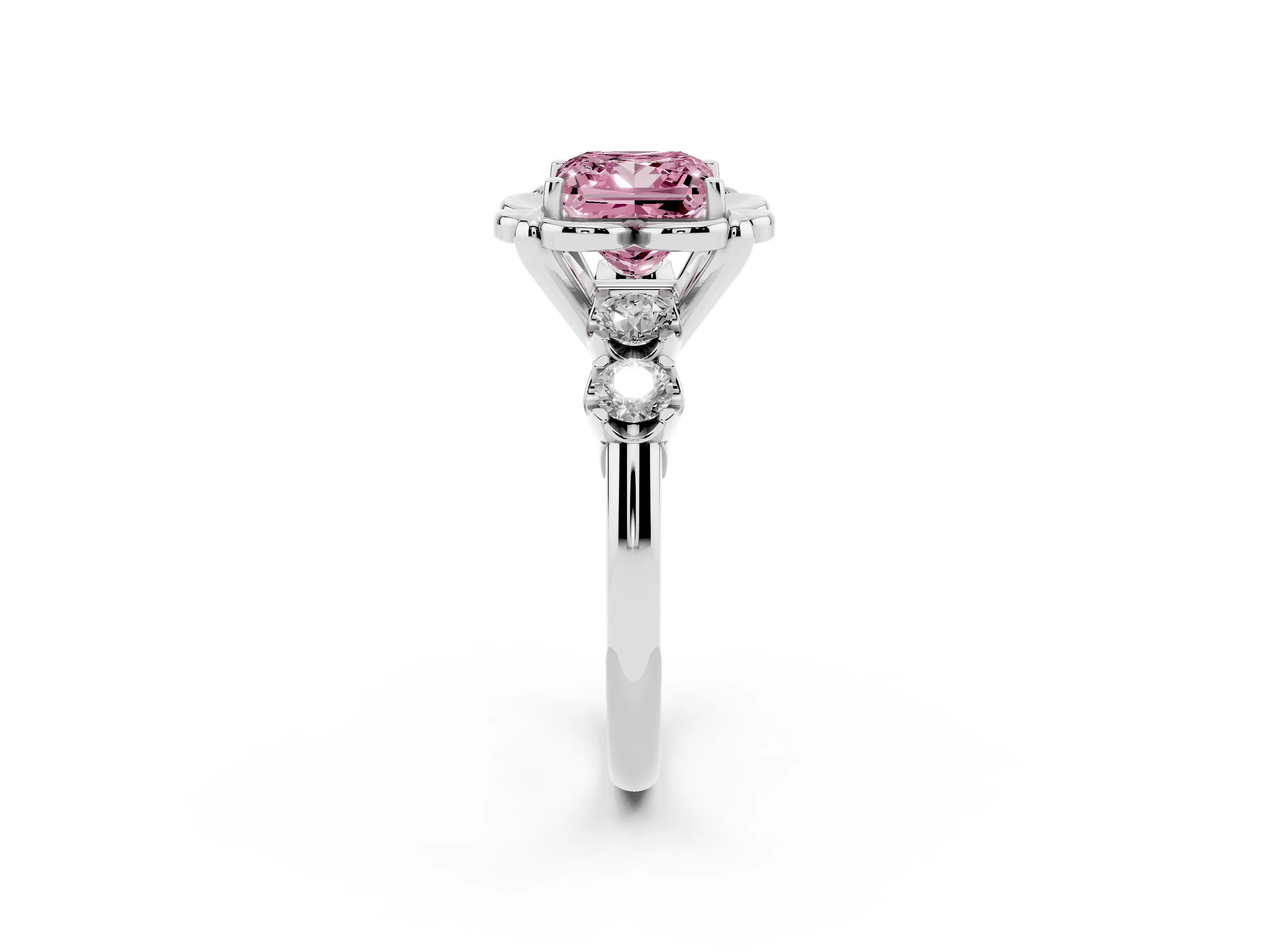 Fancy Pink Princess Cut Diamond Floral Halo Ring Set in Silver with Shared Prong Band