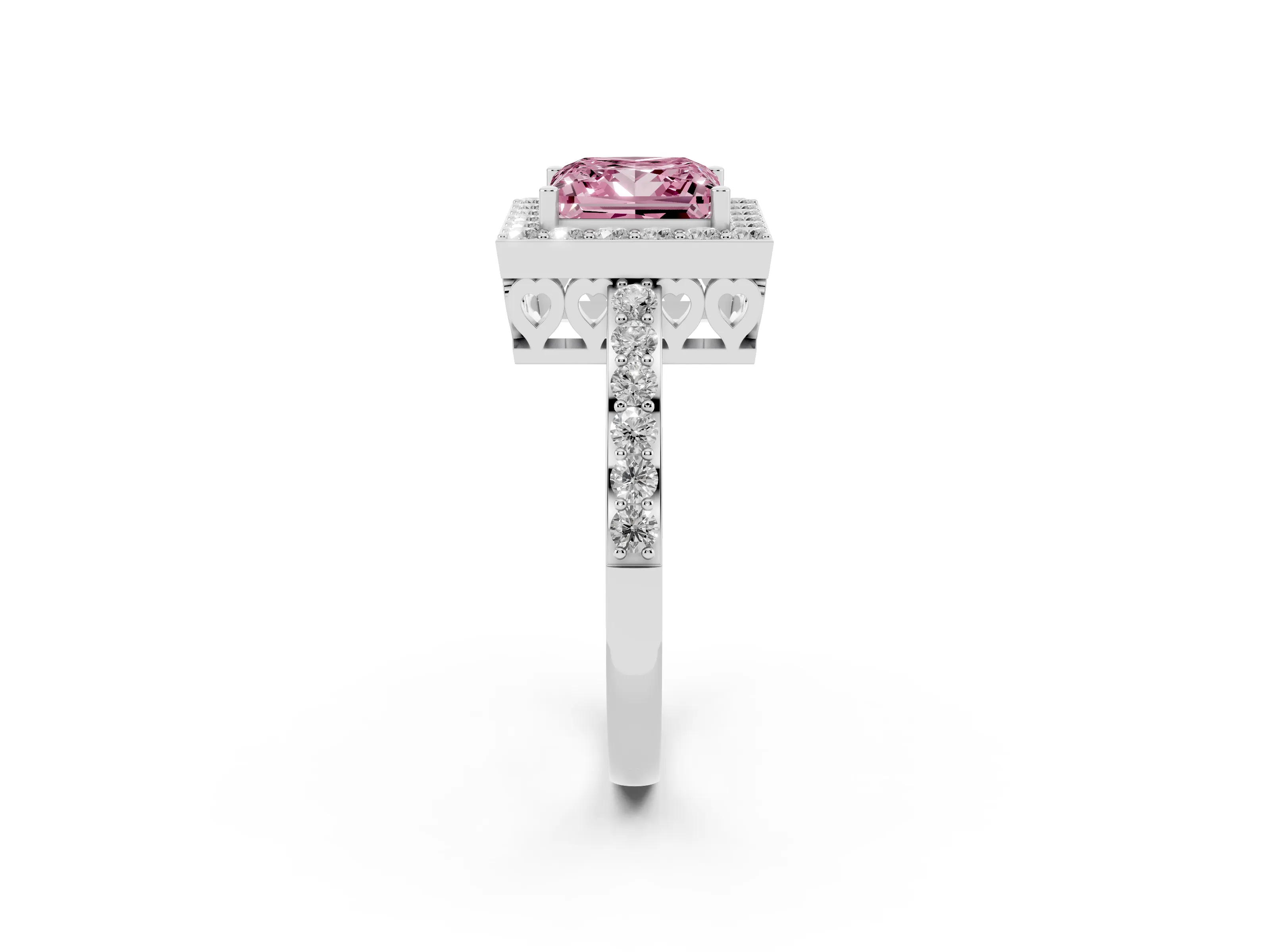 Fancy Pink Princess Cut Diamond Halo Ring Set in White gold with Pavé-Setting Band and Open Prong Center