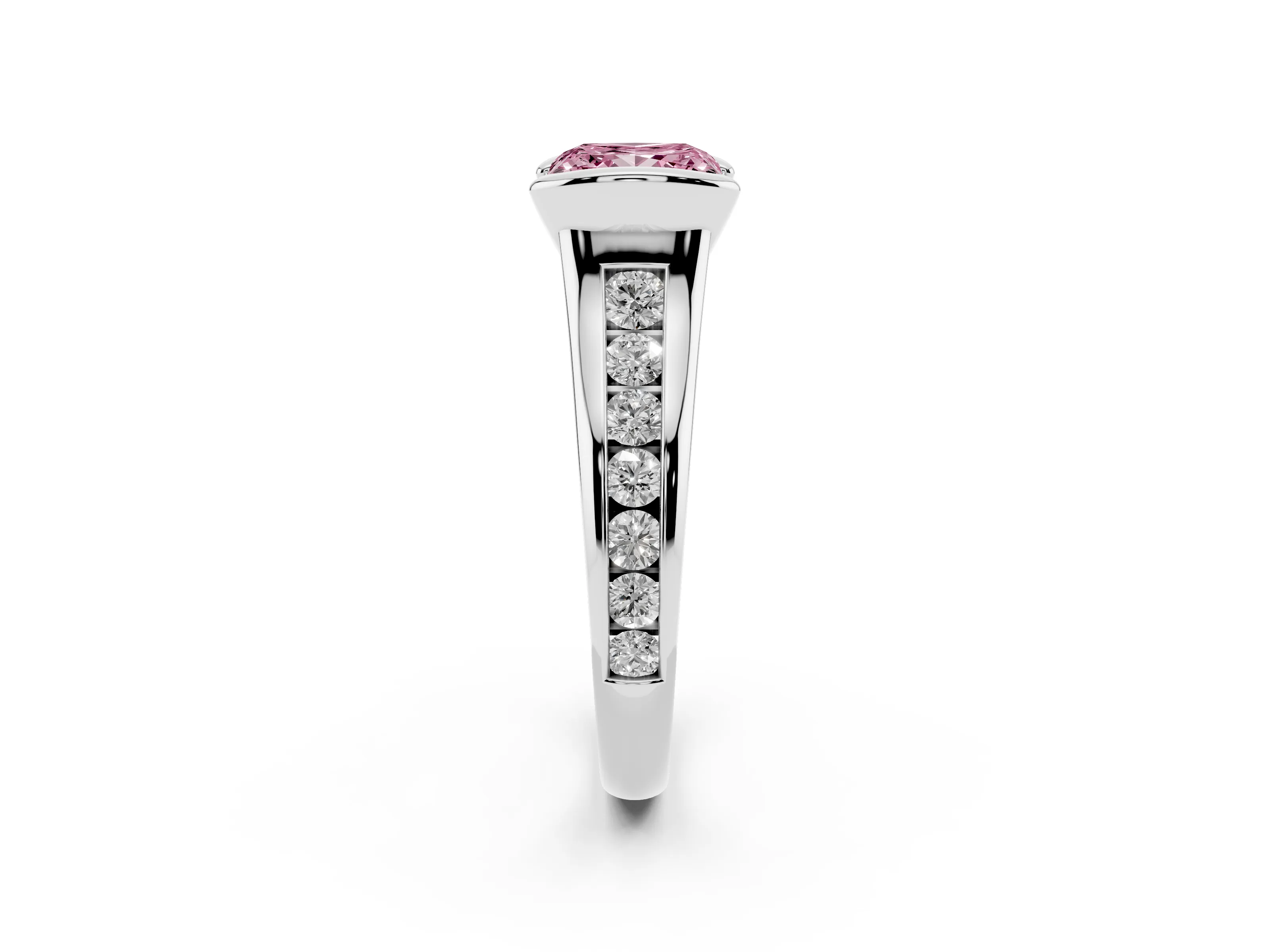 Fancy Pink Princess Cut Diamond Bezel-Set Solitaire Ring Set in Silver with Channel-Set Band