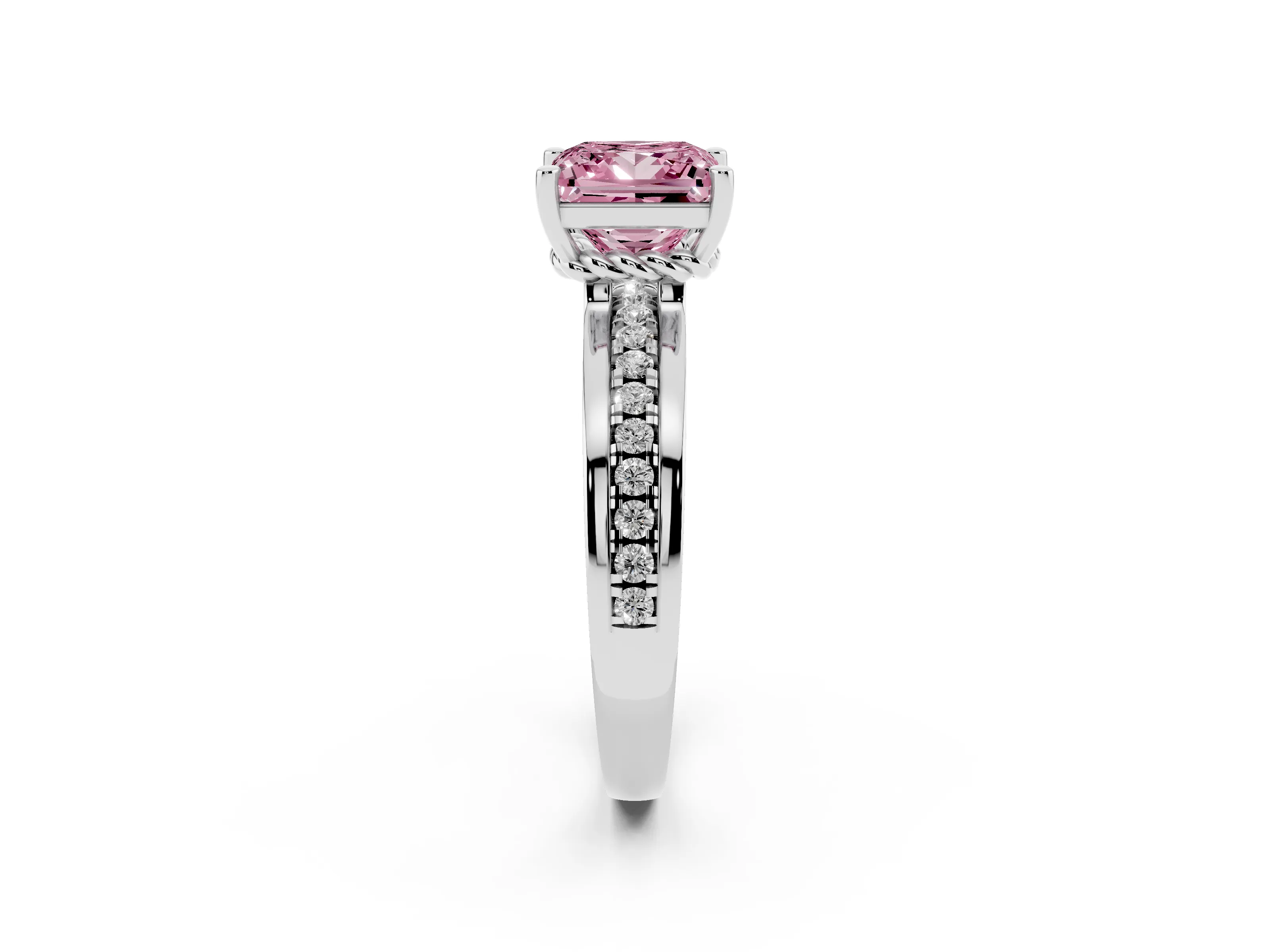 Fancy Pink Princess Cut Diamond Solitaire Ring Set in White gold with Channel Set Band and Prong Setting