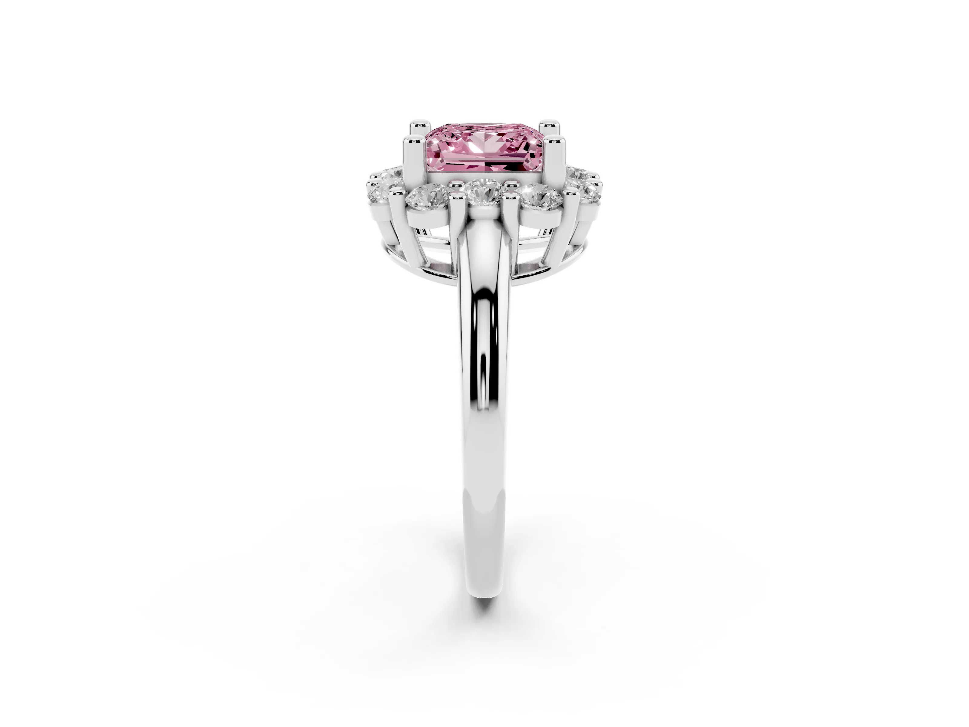 Fancy Pink Princess Cut Diamond Halo Cluster Engagement Ring Set in White gold with Polished Band and Prong Setting
