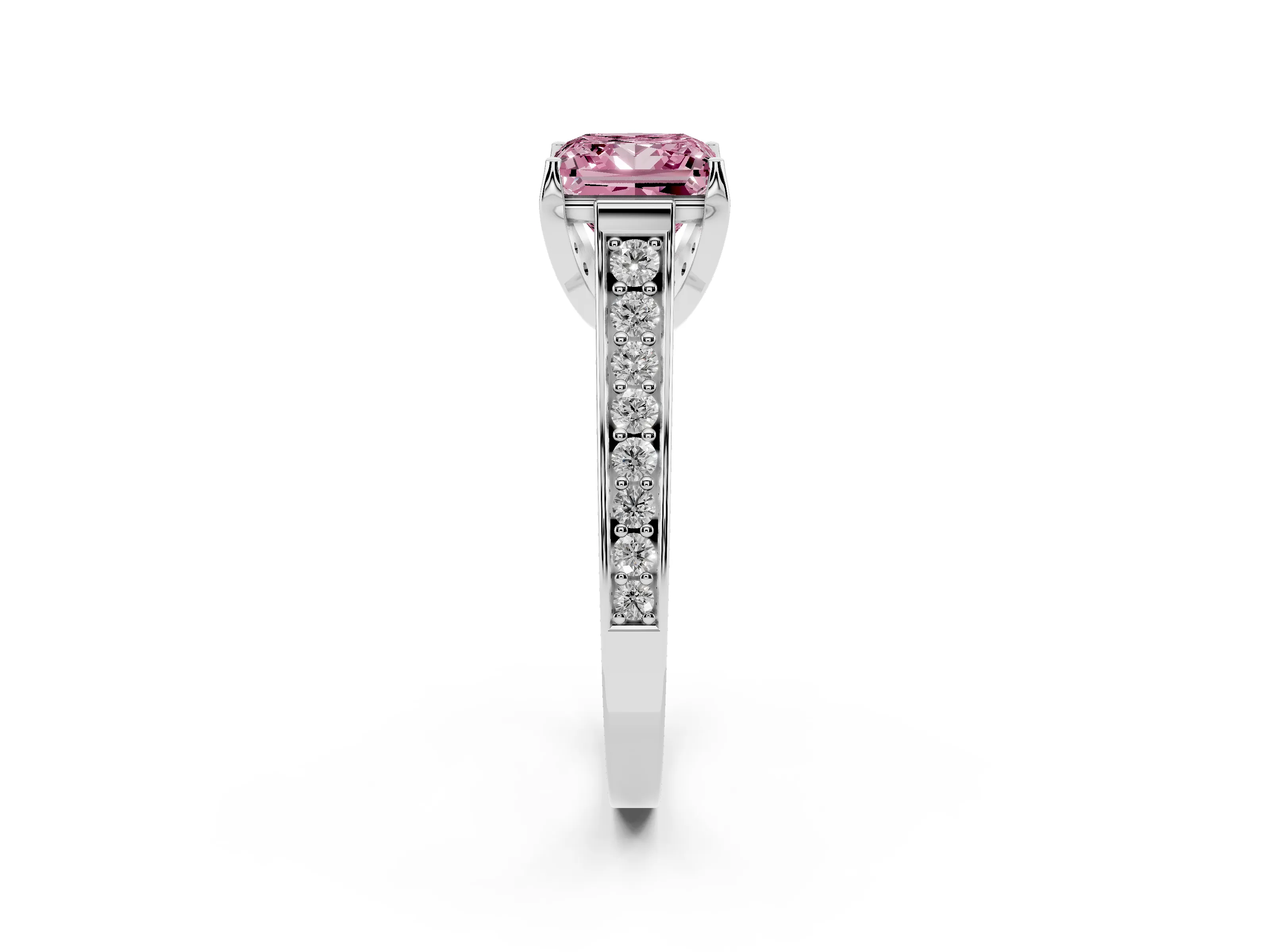 Fancy Pink Princess Cut Diamond Solitaire Pavé Engagement Ring Set in Platinum with Prong Setting