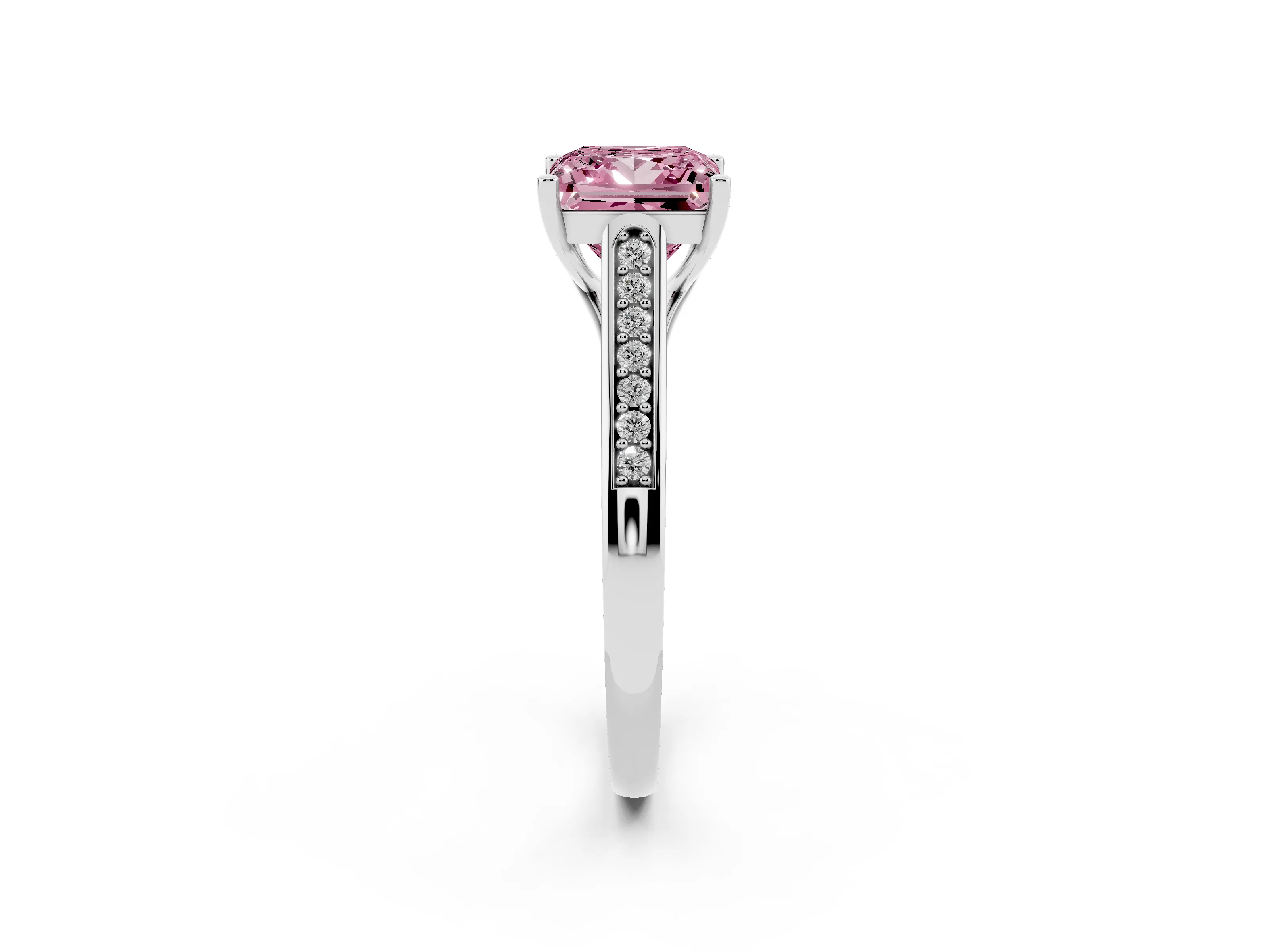 Fancy Pink Princess Cut Diamond Solitaire Cathedral Engagement Ring Set in White gold with Channel-Set Band and Prong Setting