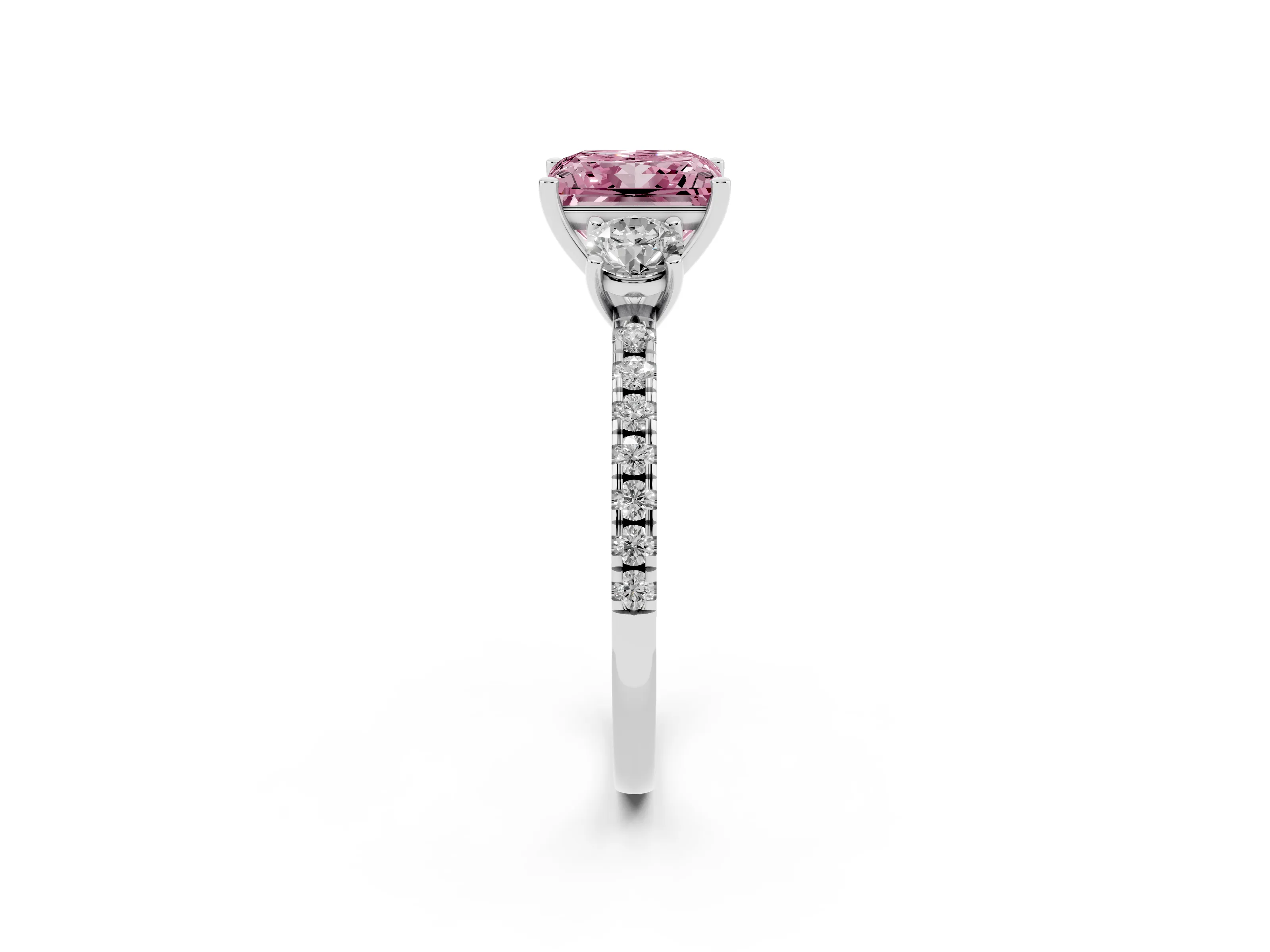 Fancy Pink Princess Cut Diamond Three-Stone Ring Set in Silver with Pavé Band and Graduated Sides