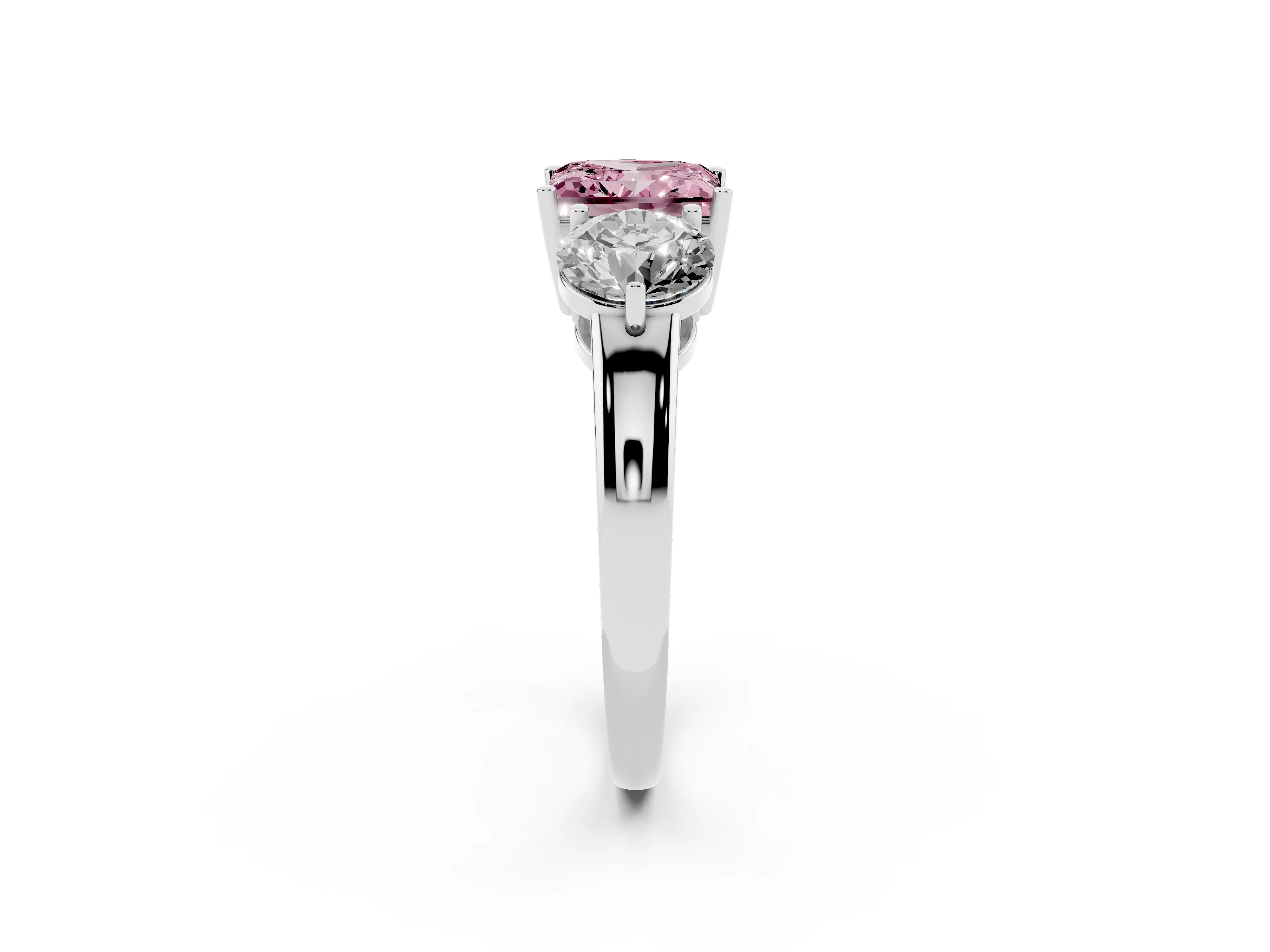 Fancy Pink Princess Cut Diamond Three-Stone Ring Set in Platinum with Prong Setting and Plain Band