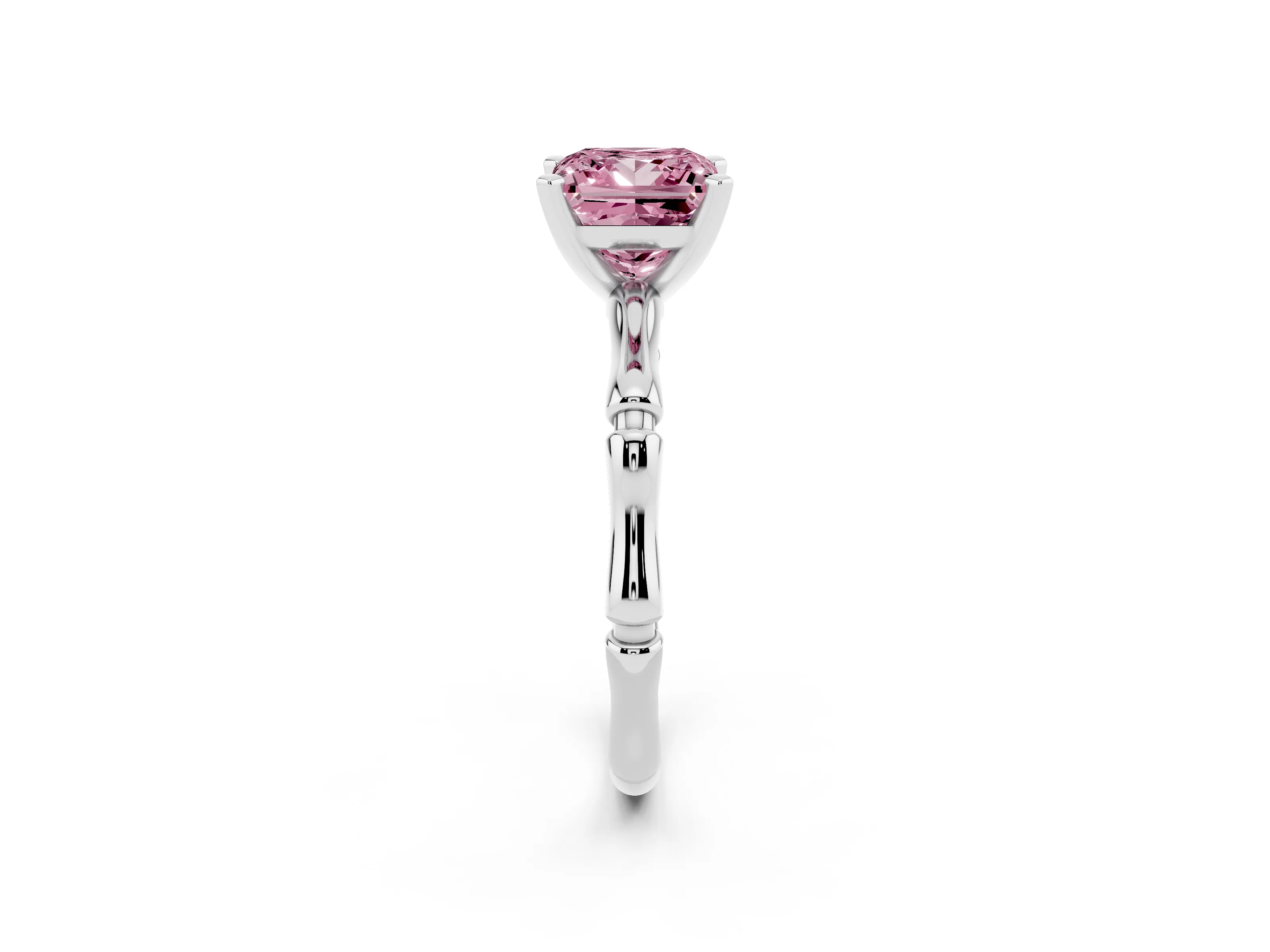 Fancy Pink Princess Cut Diamond Solitaire Ring Set in Silver with Bamboo Band and Prong Setting