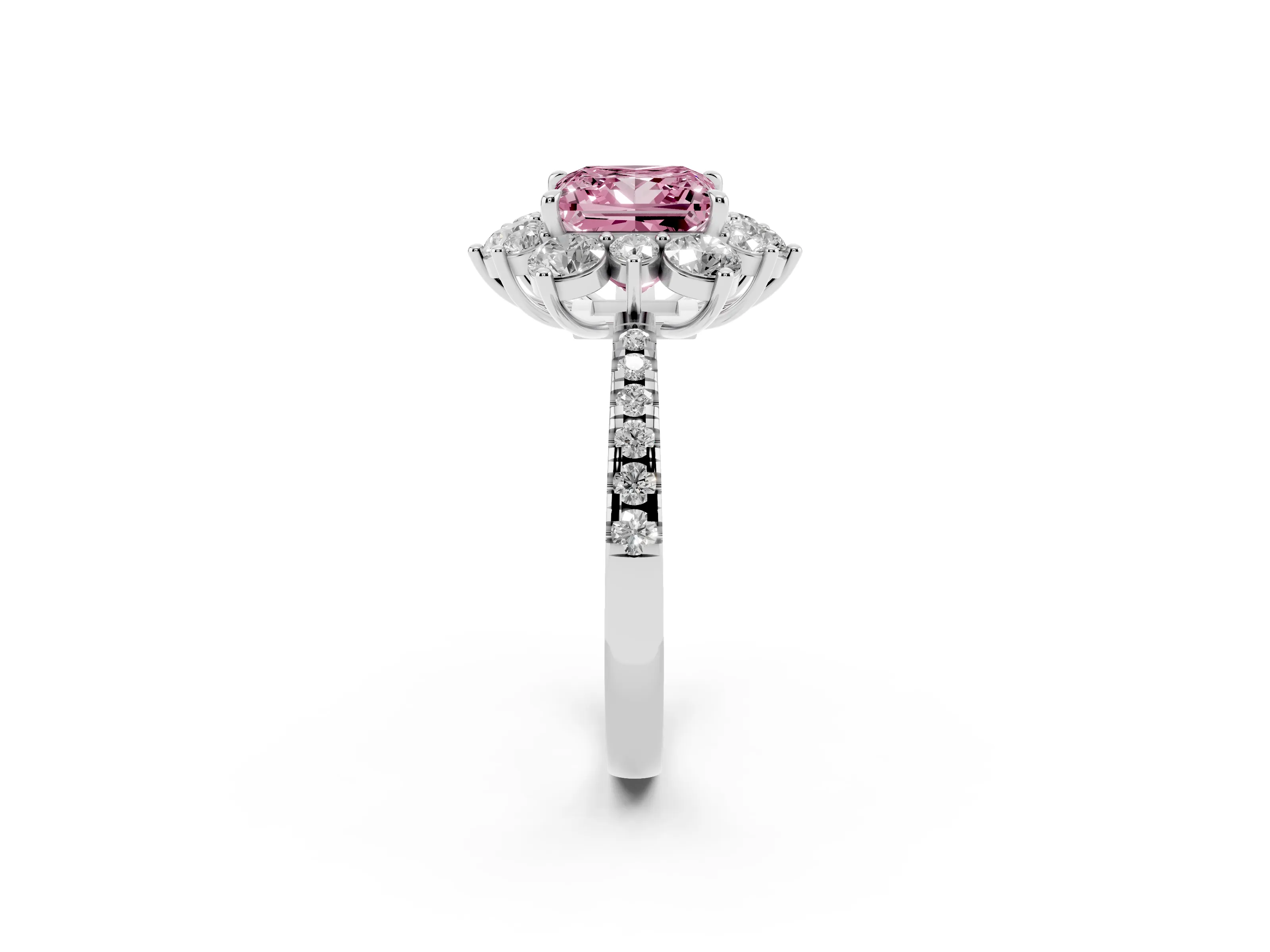 Fancy Pink Princess Cut Diamond Floral Halo Ring Set in White gold with Round Pavé Band and Prong Setting