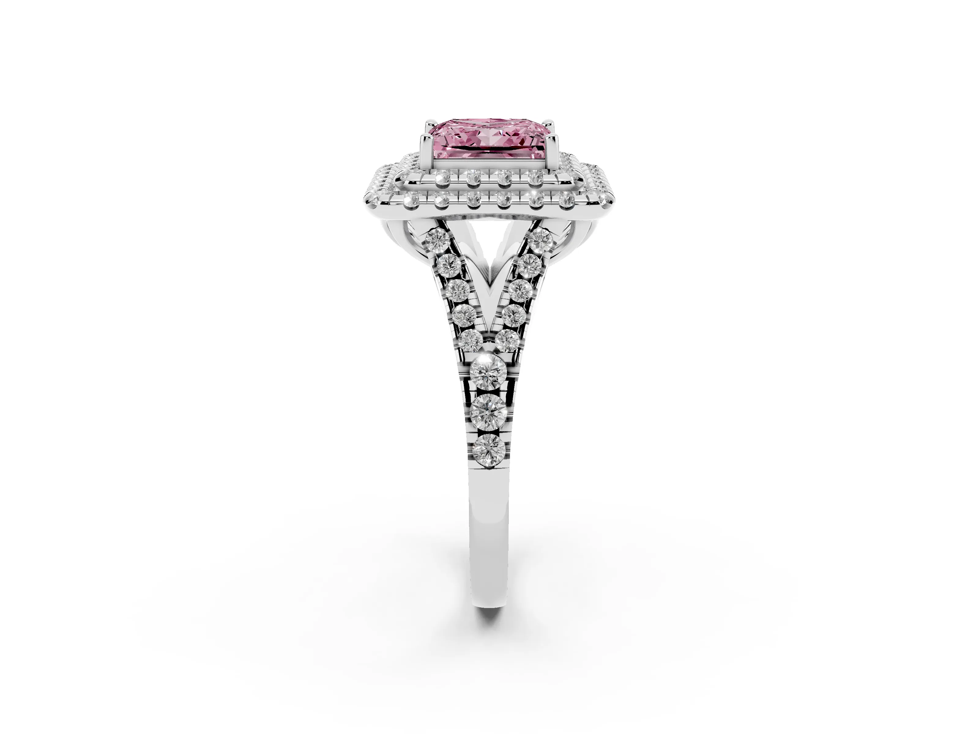 Fancy Pink Princess Cut Diamond Double Halo Ring Set in White gold with Pavé Split Shank and Prong Setting
