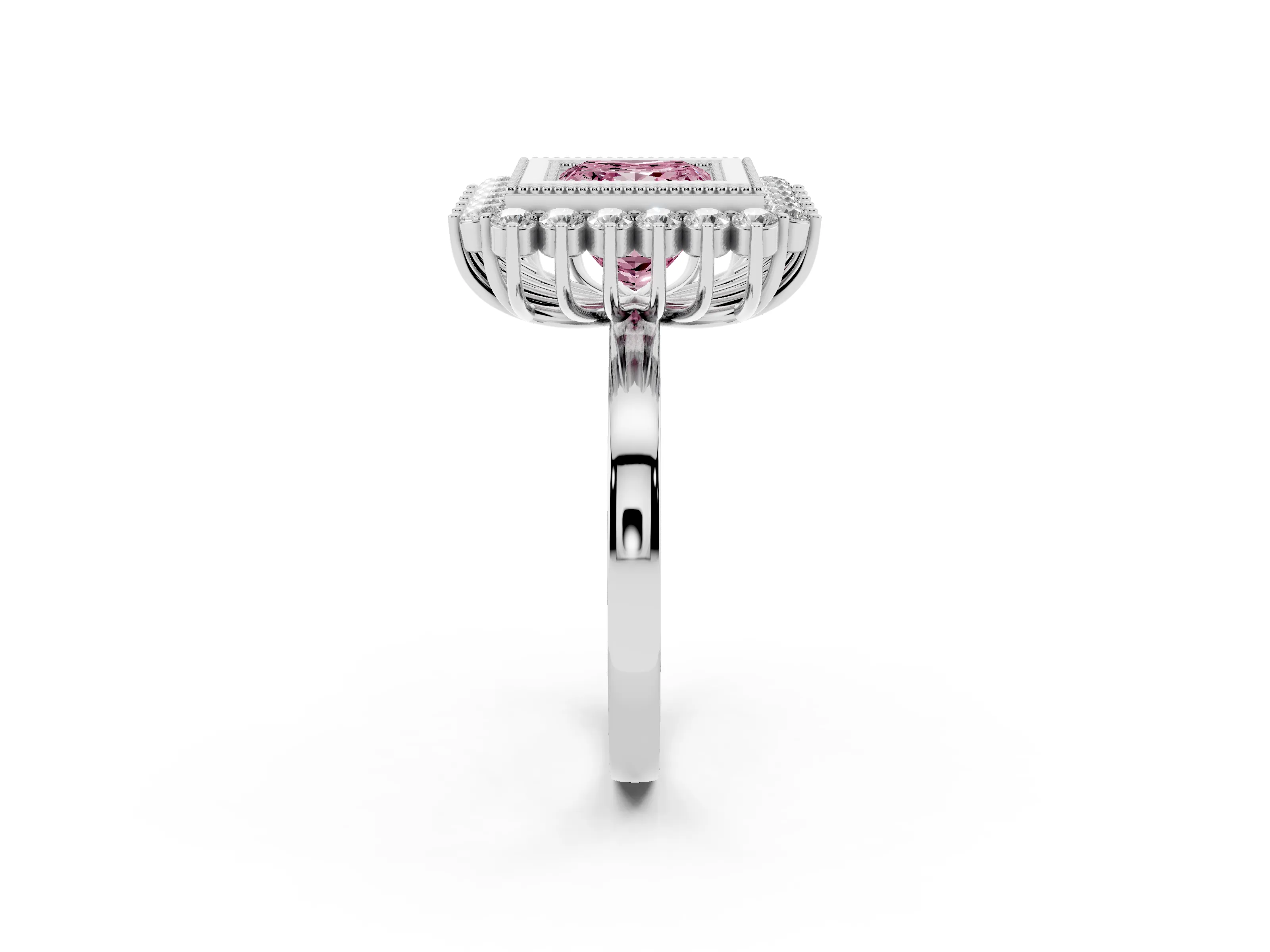 Fancy Pink Princess Cut Diamond Halo Ring Set in Platinum with Milgrain Edge and Round Prong Setting