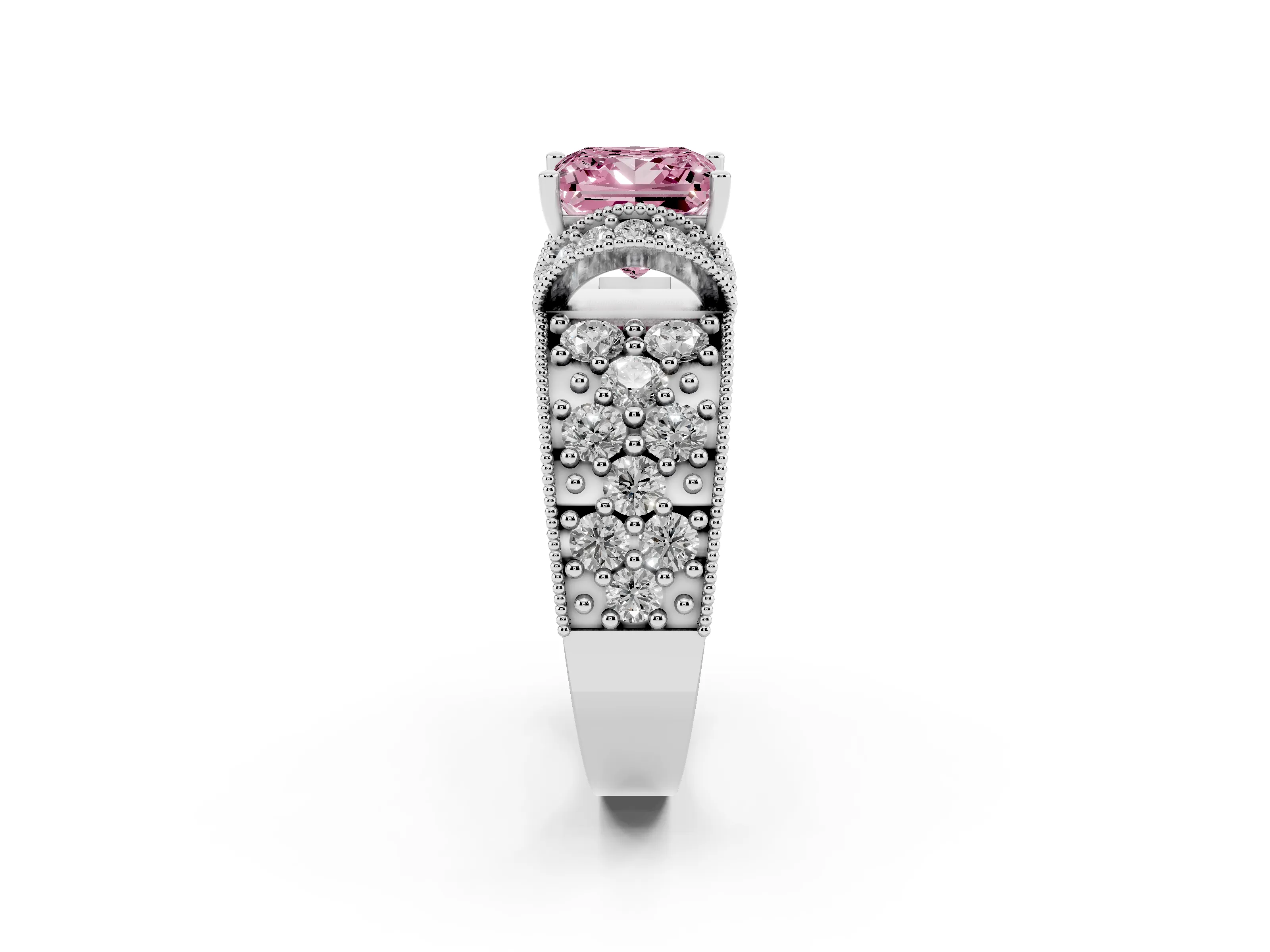 Fancy Pink Princess Cut Diamond Milgrain Halo Pavé Engagement Ring Set in White gold with Prong Setting