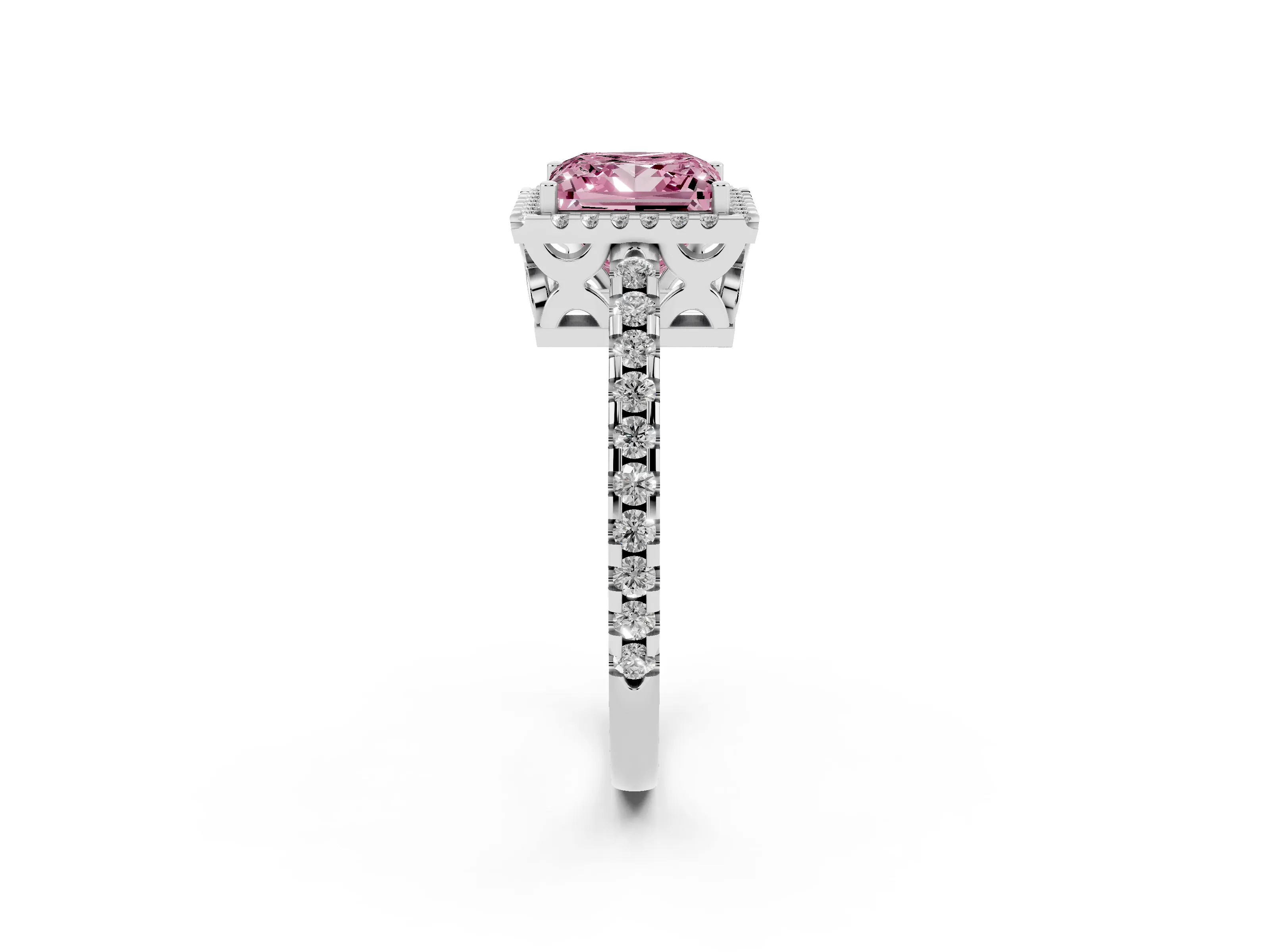 Fancy Pink Princess Cut Diamond Halo Ring Set in White gold with Pavé Shoulders and Halo-Framed Center