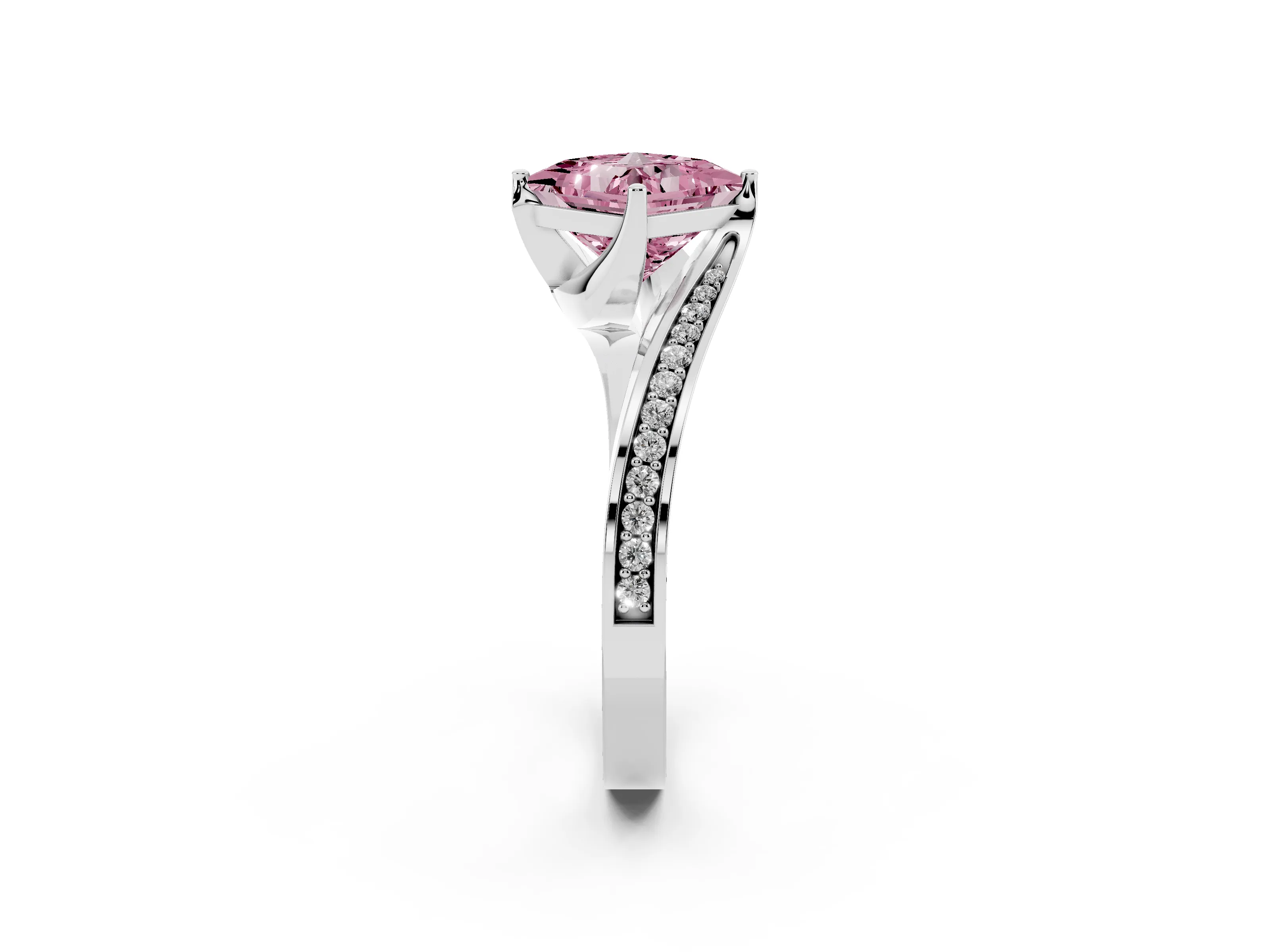 Fancy Pink Princess Cut Diamond Solitaire Ring Set in Silver with Intertwined Pavé Twist Band